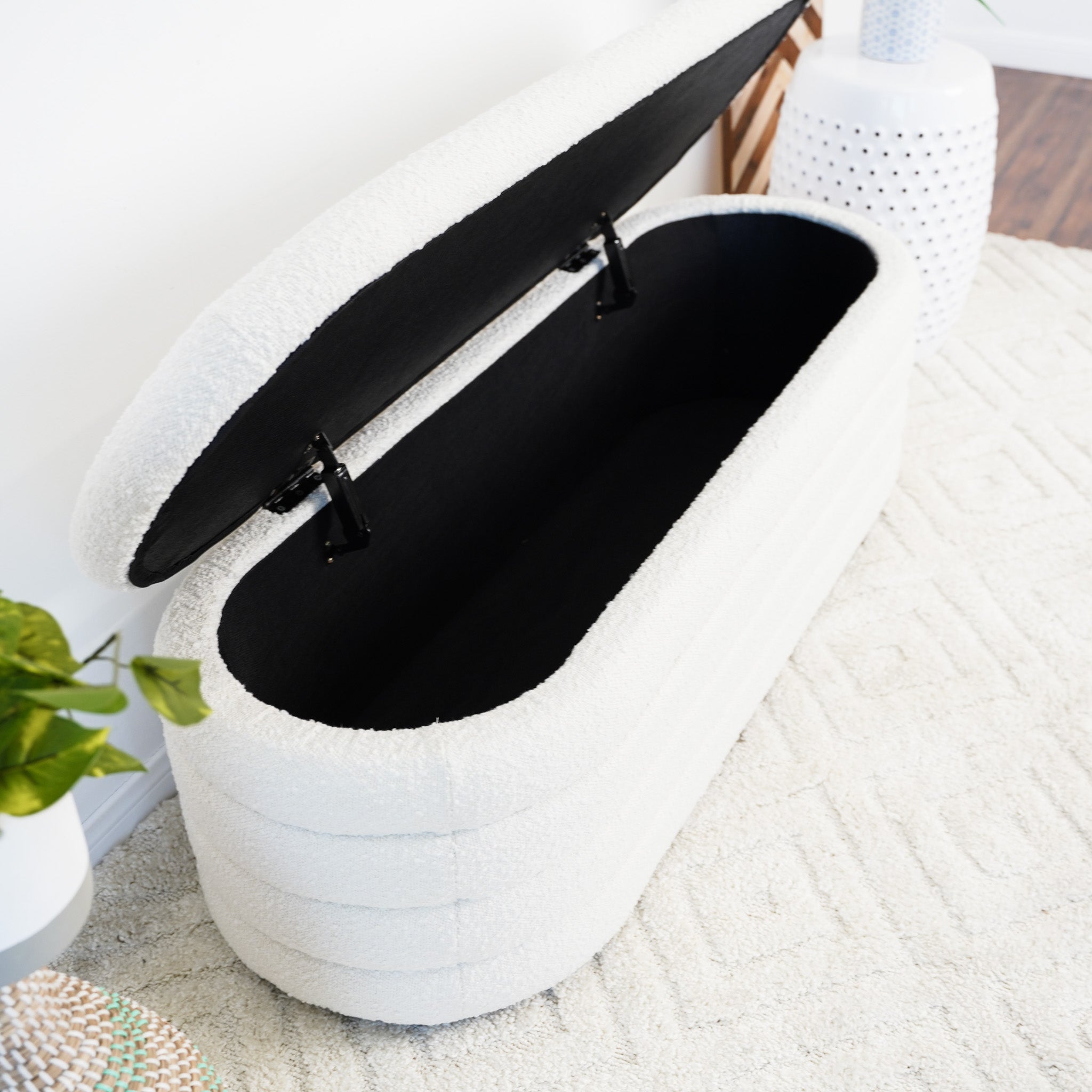 Calion White Boucle Storage Bench - MidinMod