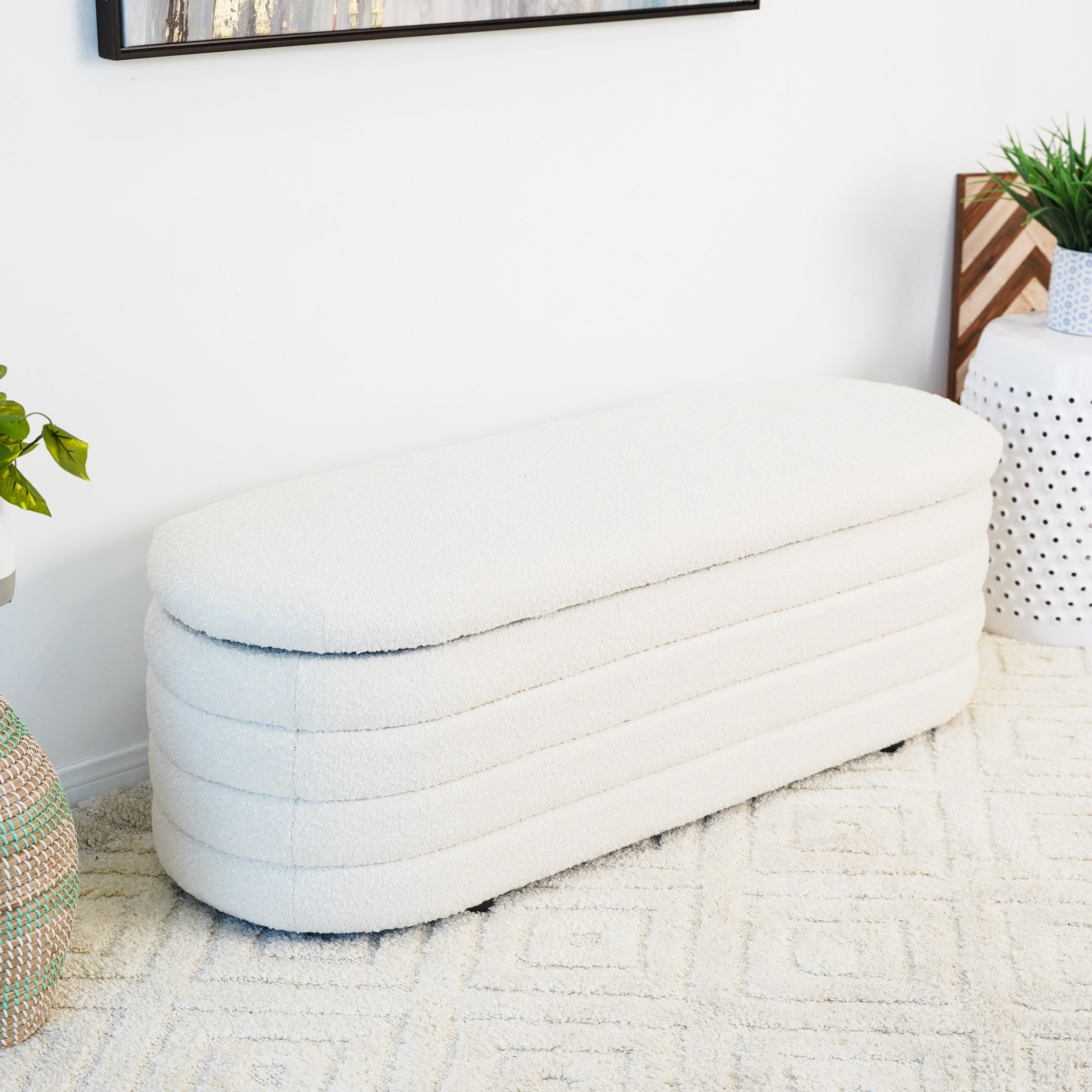Calion White Boucle Storage Bench - MidinMod