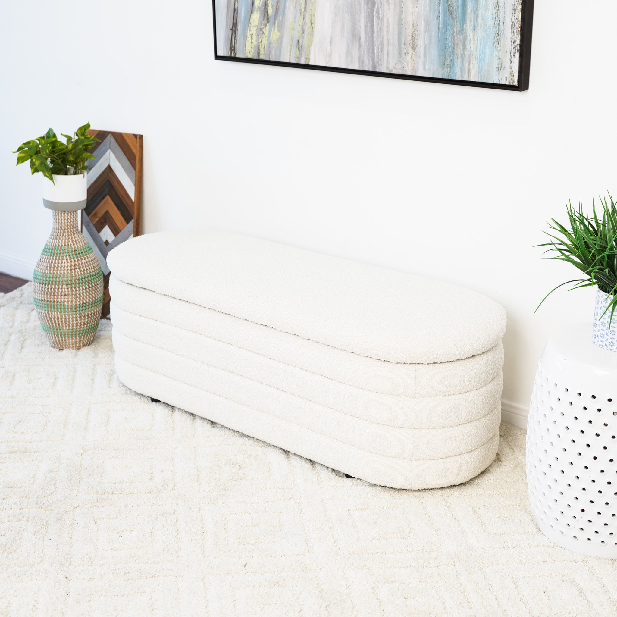 Calion White Boucle Storage Bench - MidinMod