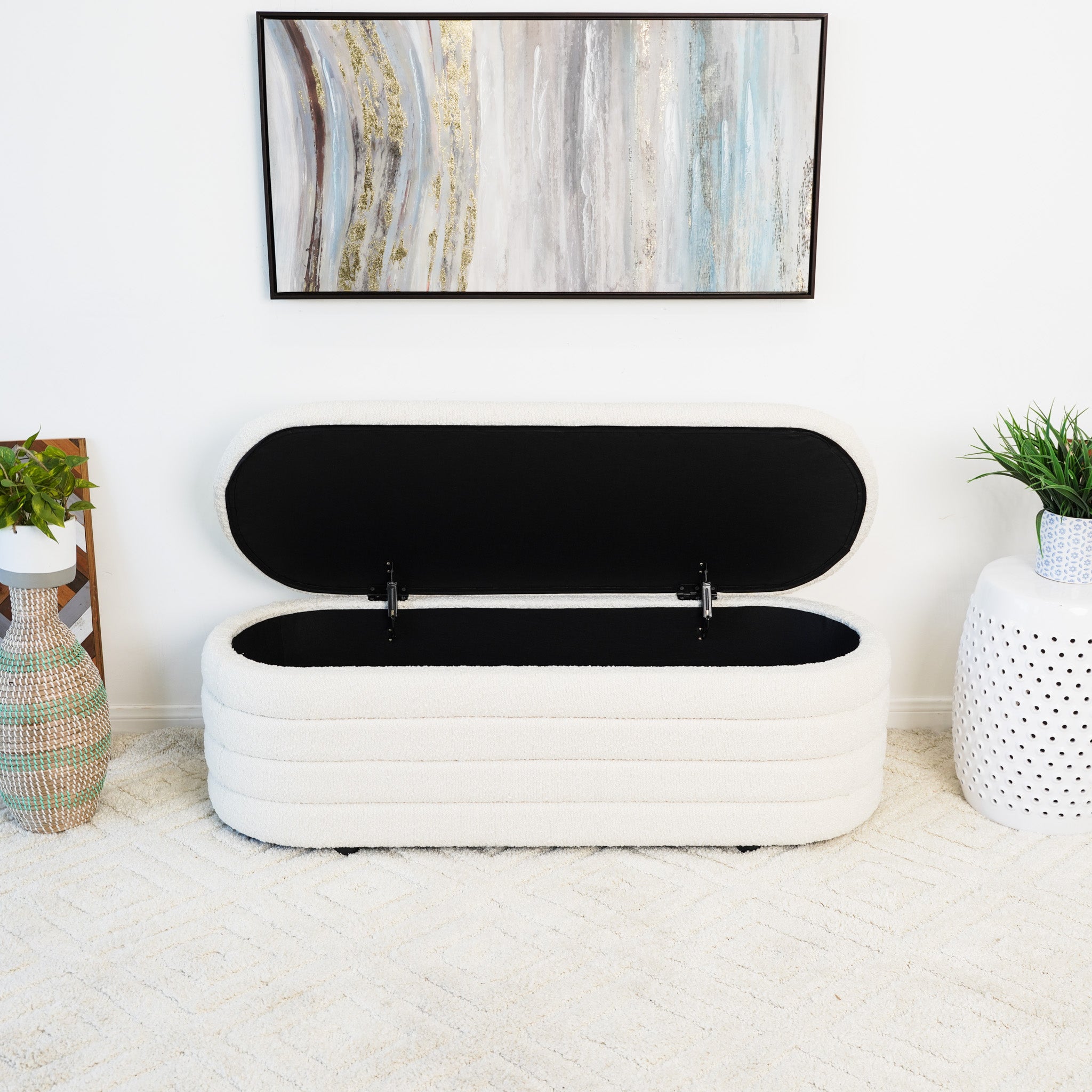 Calion White Boucle Storage Bench - MidinMod
