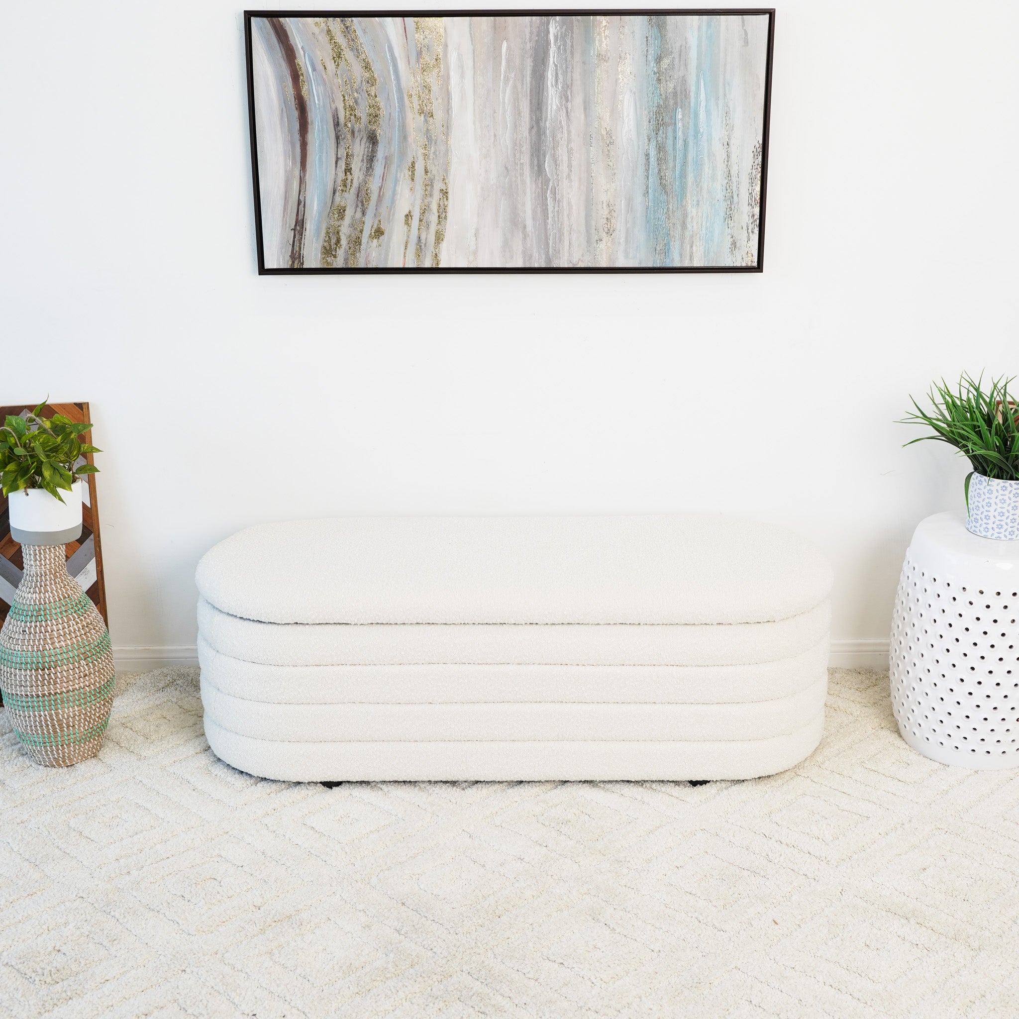 Calion White Boucle Storage Bench - MidinMod