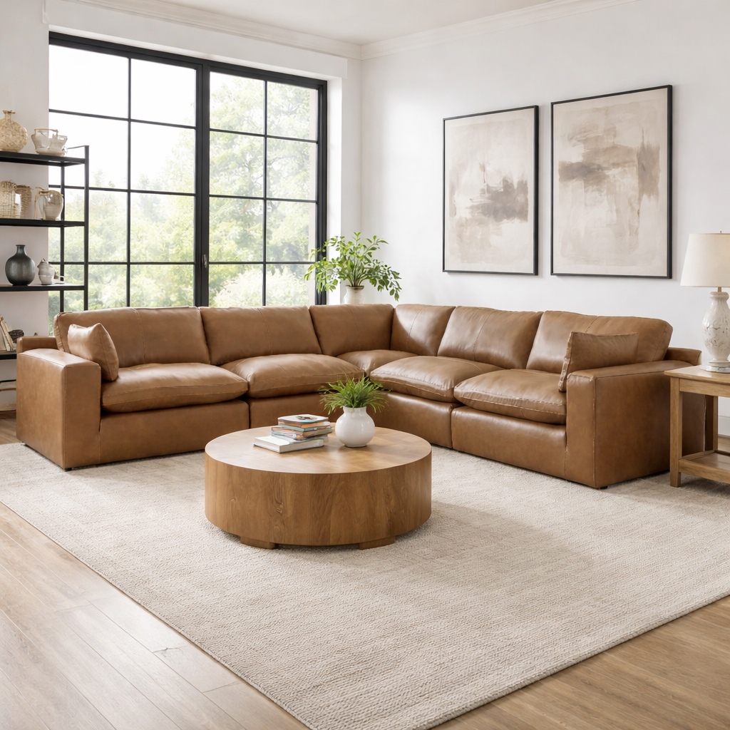 Emilia Caramel Leather 5-Piece Modular Sectional