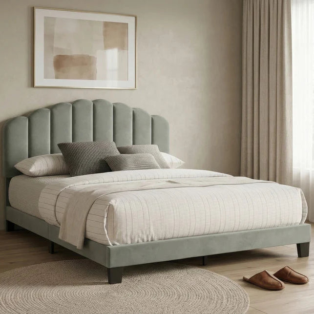 Christi Light Gray Queen Bed | Contemporary Fully Upholstered Channel Tufted Bed Frame | MidinMod