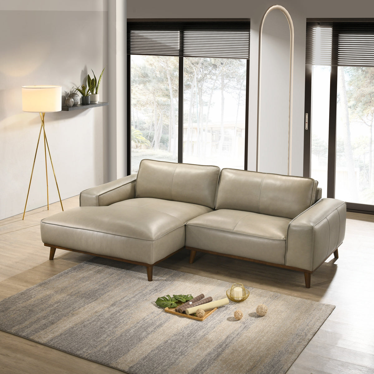 Clifton Beige Leather Sectional Sofa Left Facing Chaise - MidinMod