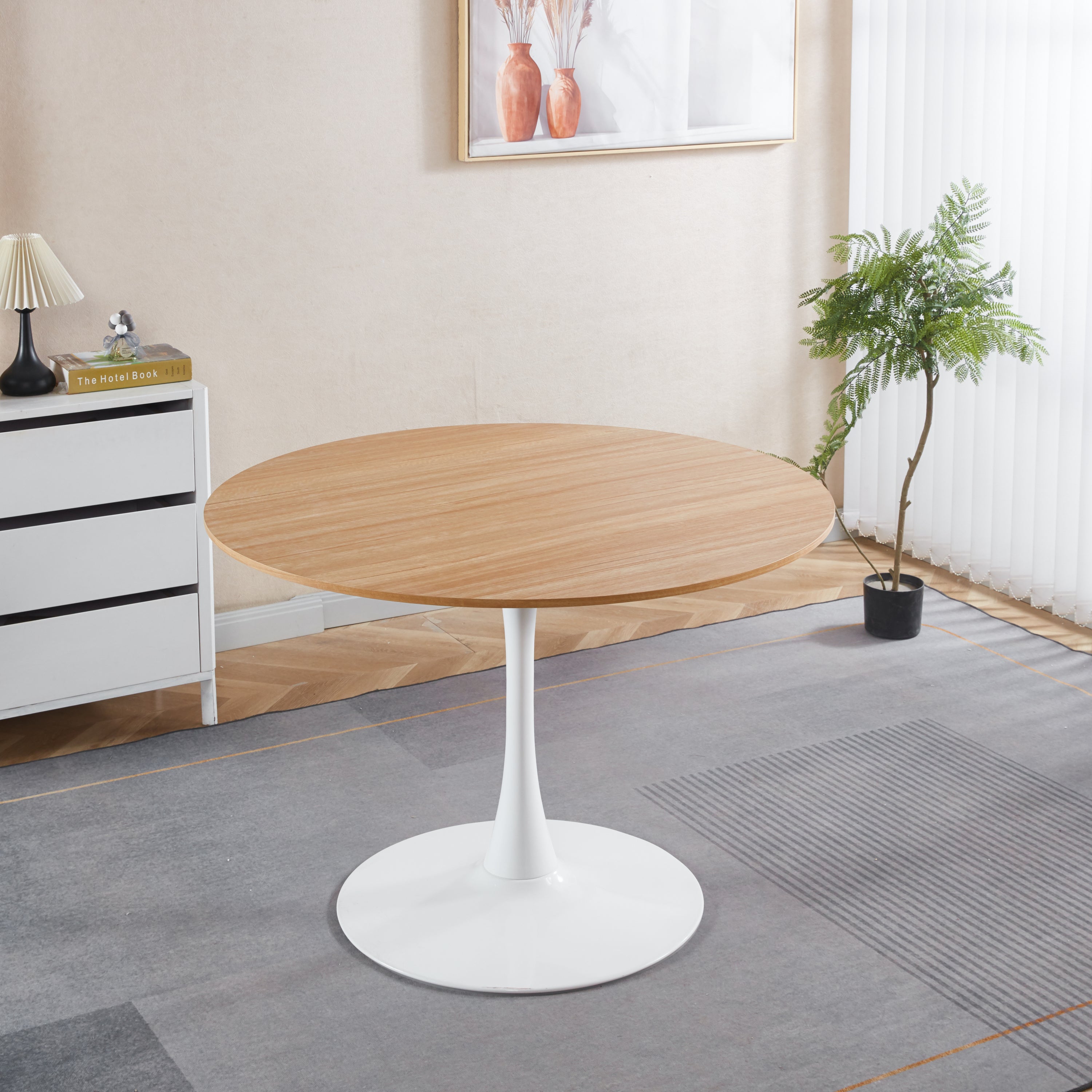 Modern Round White & Light Oak Dining Table - MidinMod
