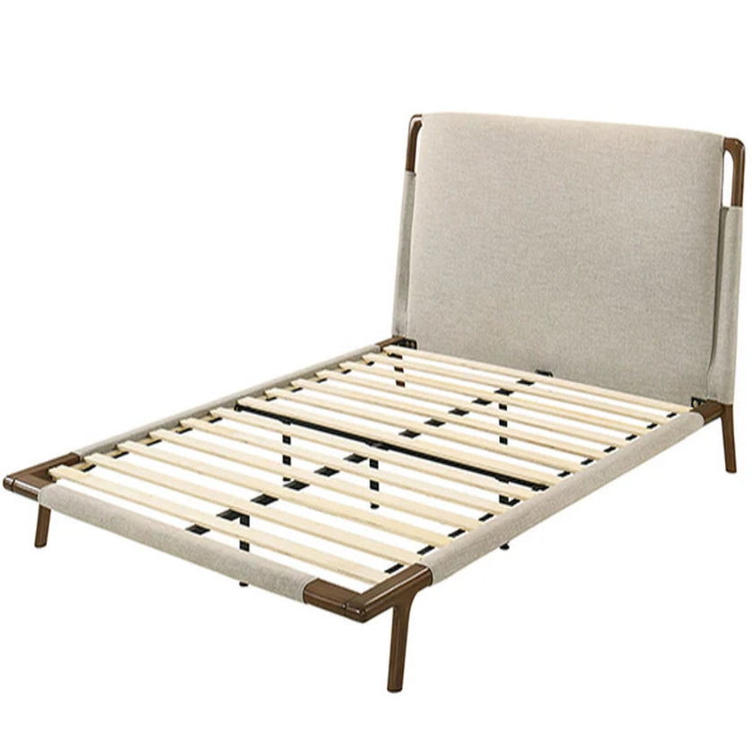 Didcot Beige Queen Bed | Mid-Century Modern Camel-Back Fabric Platform Bed | MidinMod