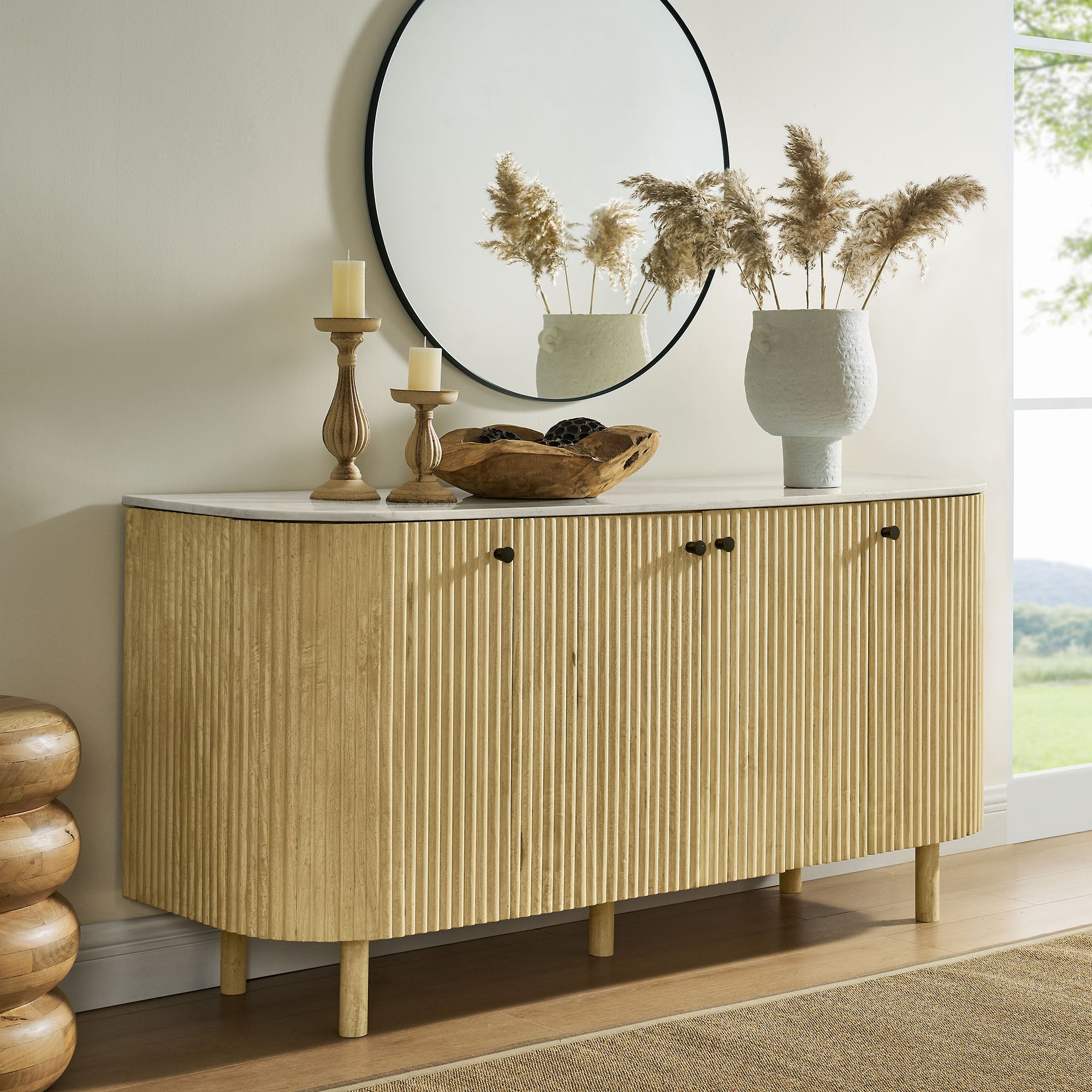 Caldera 60" Curved Solid Wood and Marble Sideboard Storage Cabinet by Modway