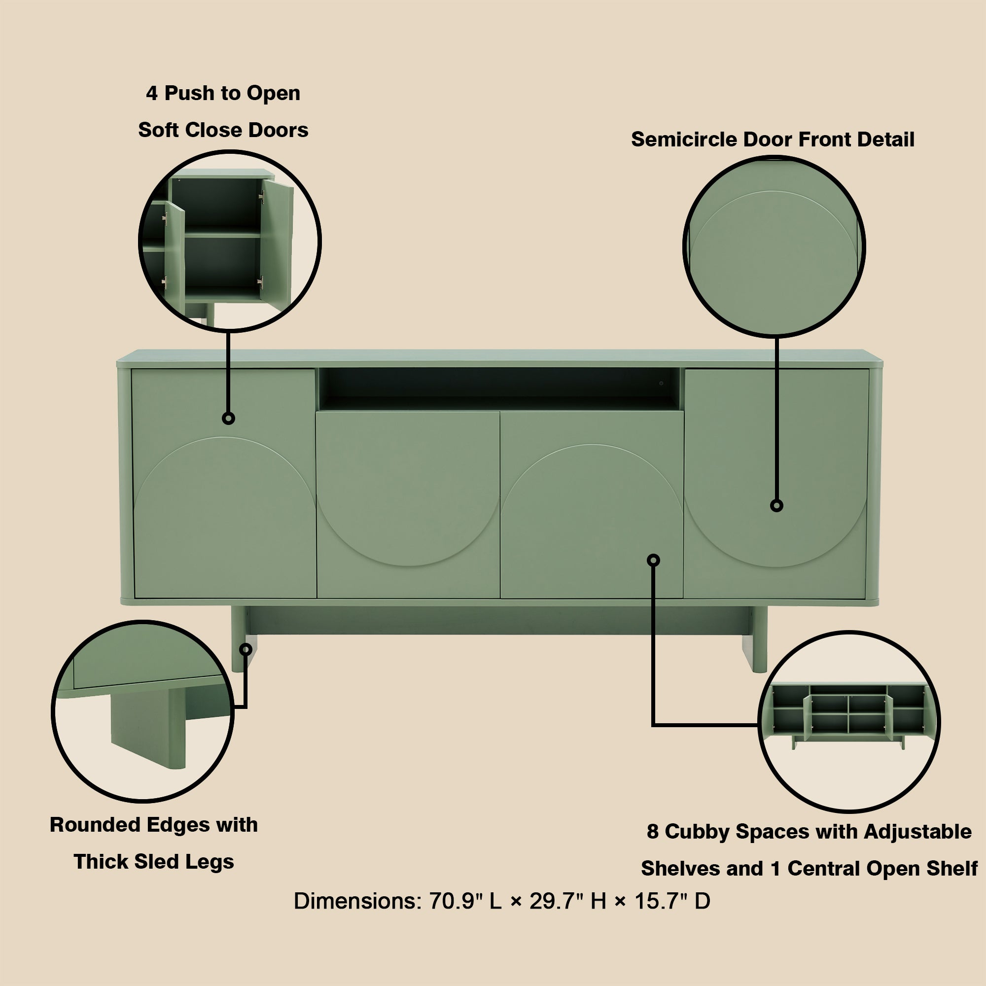 Ella 71" Sage Green Sideboard | Modern Wood Buffet & Storage Cabinet | MidinMod