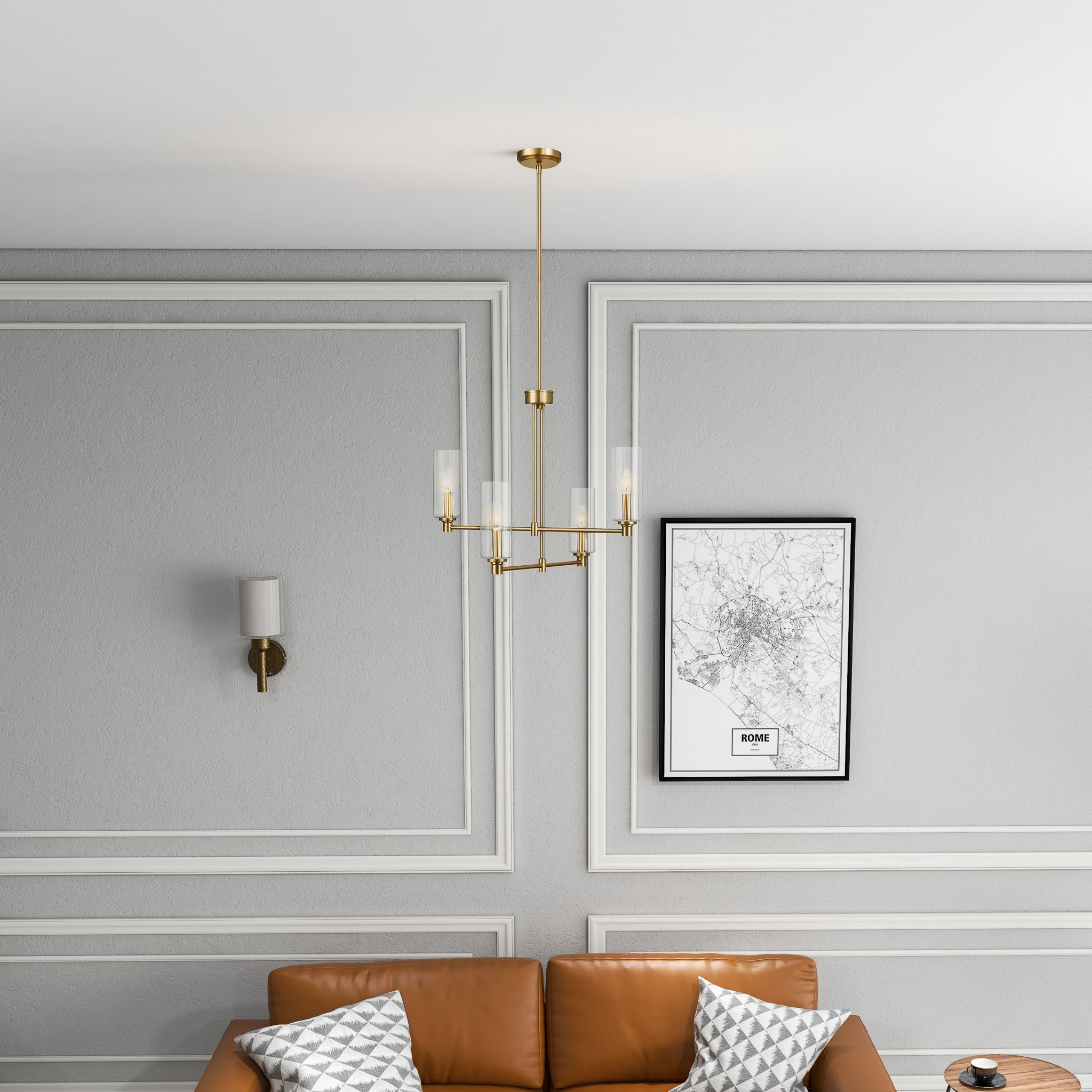 Enigma Four Lights Chandelier With Clear Ribbed Glass -Satin Brass - MidinMod