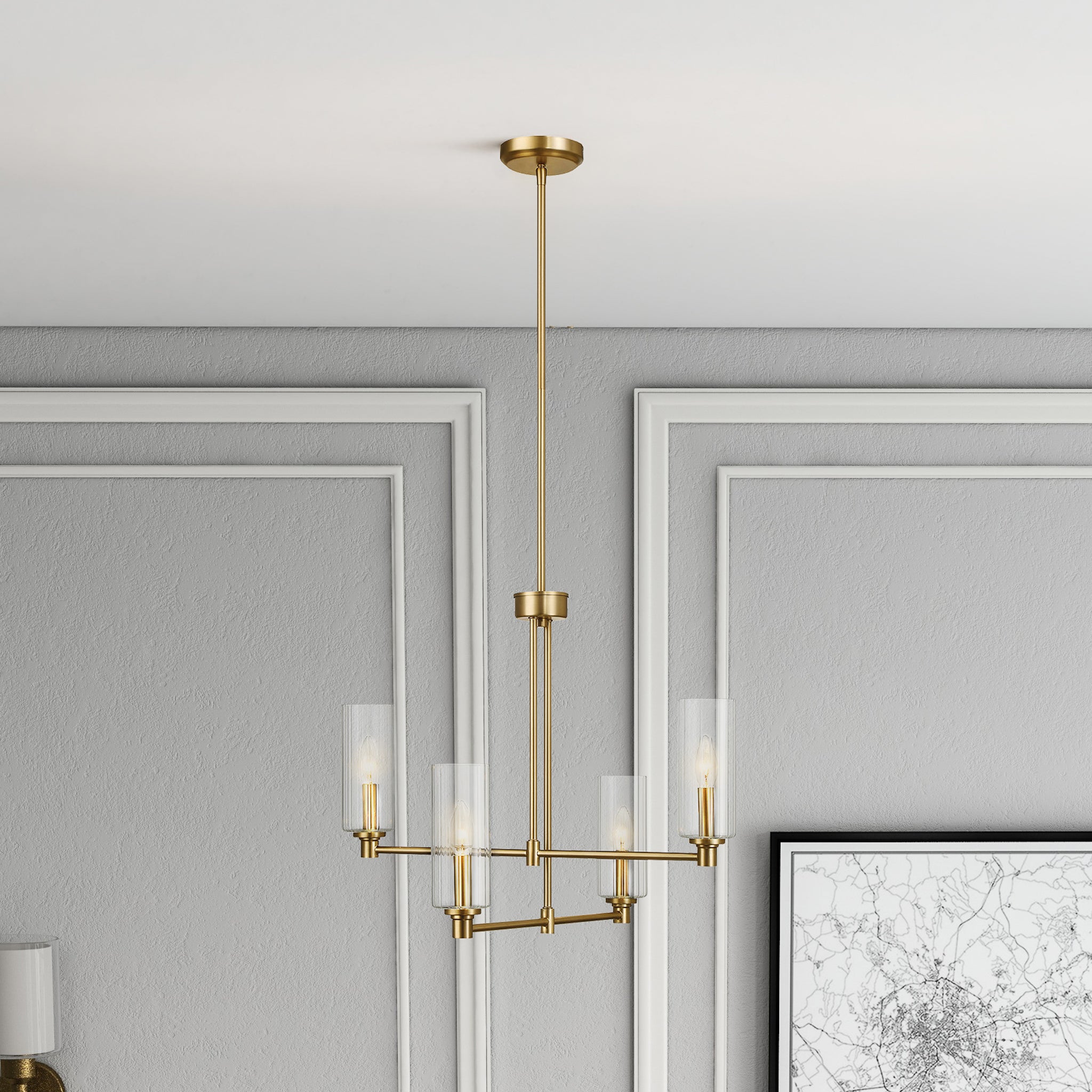 Enigma Four Lights Chandelier With Clear Ribbed Glass -Satin Brass - MidinMod