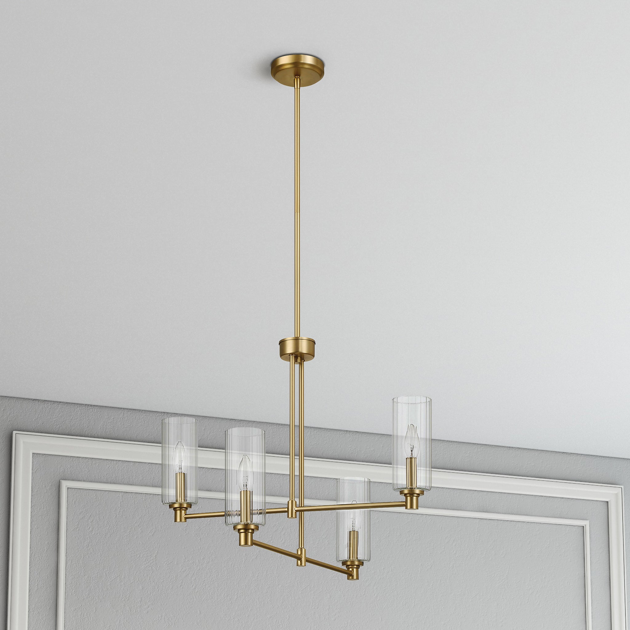 Enigma Four Lights Chandelier With Clear Ribbed Glass -Satin Brass - MidinMod