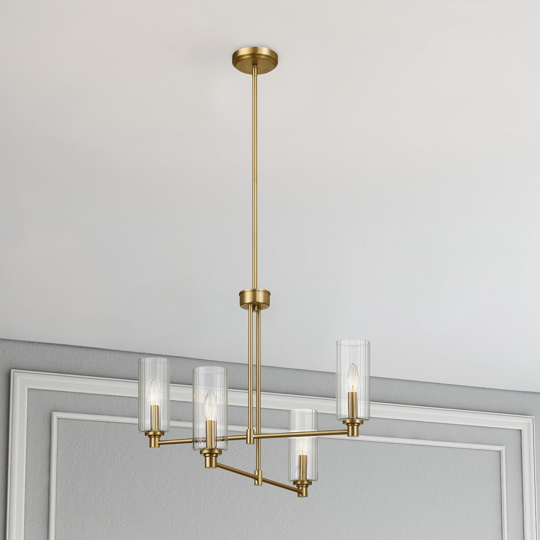 Enigma Four Lights Chandelier With Clear Ribbed Glass -Satin Brass - MidinMod