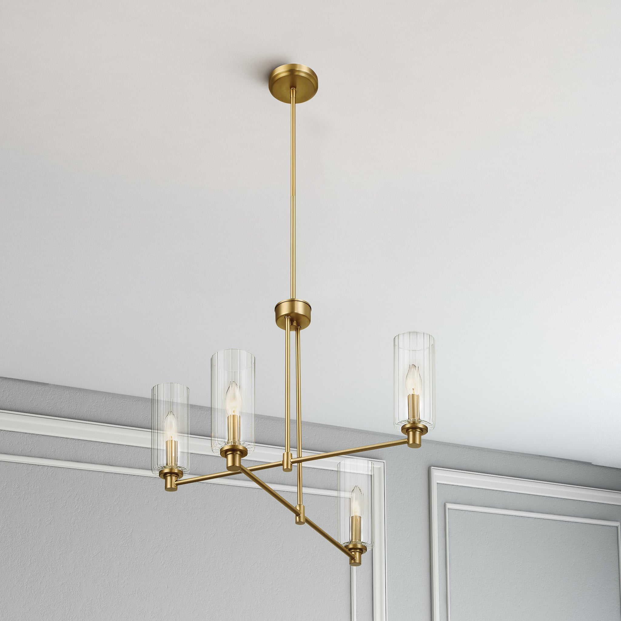 Enigma Four Lights Chandelier With Clear Ribbed Glass -Satin Brass - MidinMod