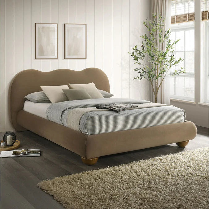 Finamore Brown Eastern King Bed | Contemporary Velvet & Boucle Camel-Back Bed Frame | MidinMod