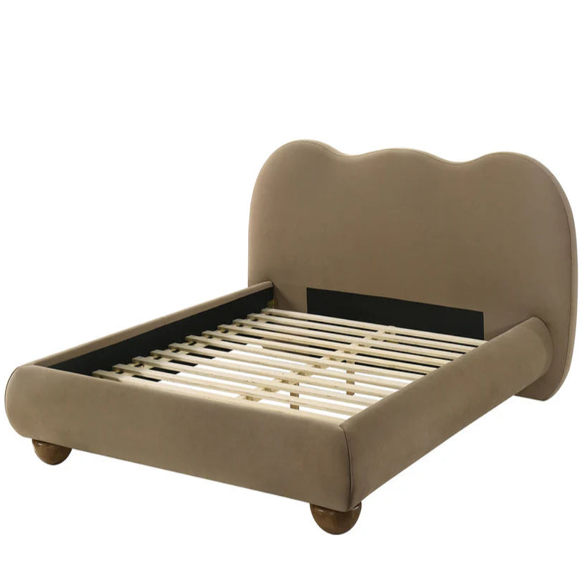 Finamore Brown Eastern King Bed | Contemporary Velvet & Boucle Camel-Back Bed Frame | MidinMod