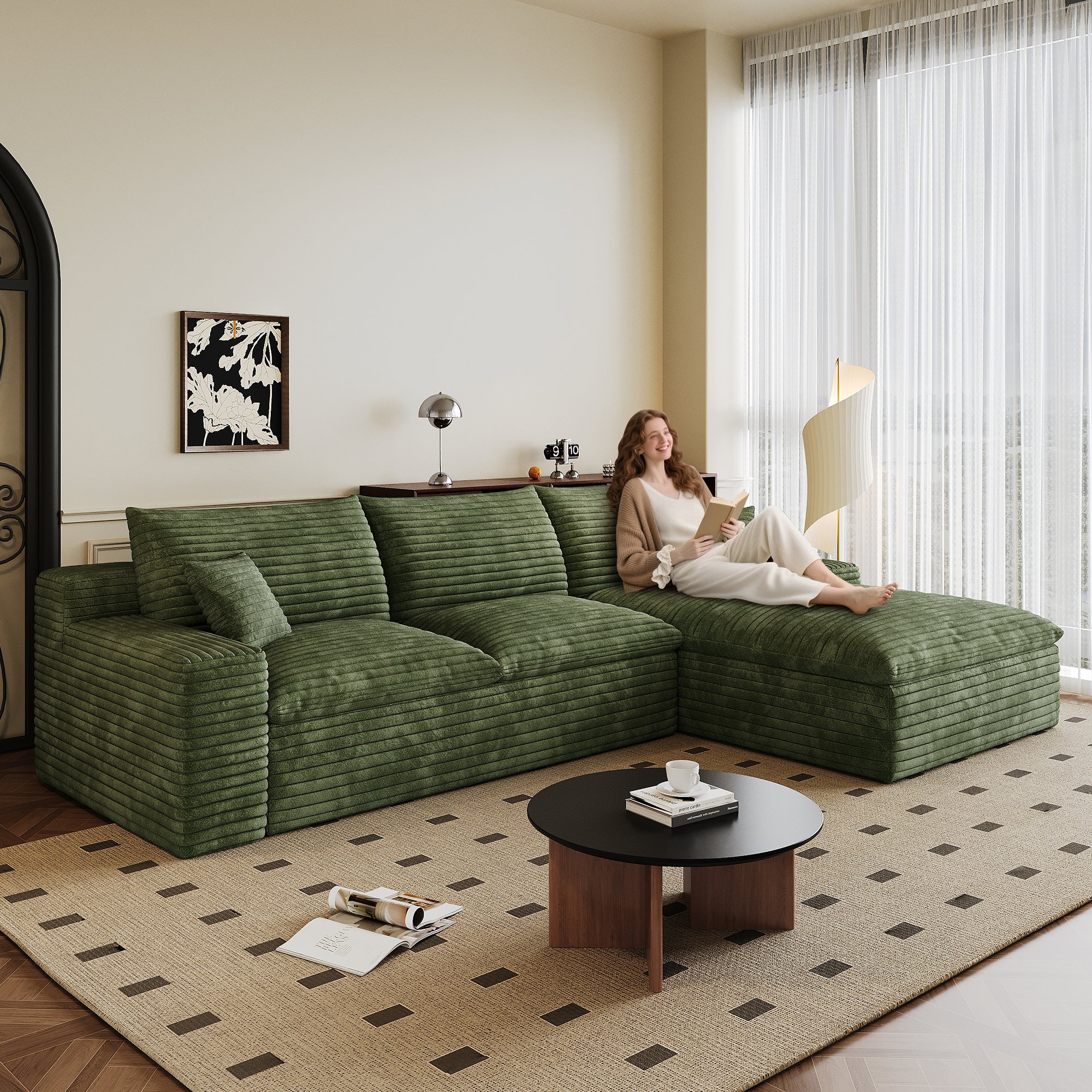 Furinho Modern Green Fabric 3-Seater Modular Sofa with Feather-Filled Cushions - MidinMod
