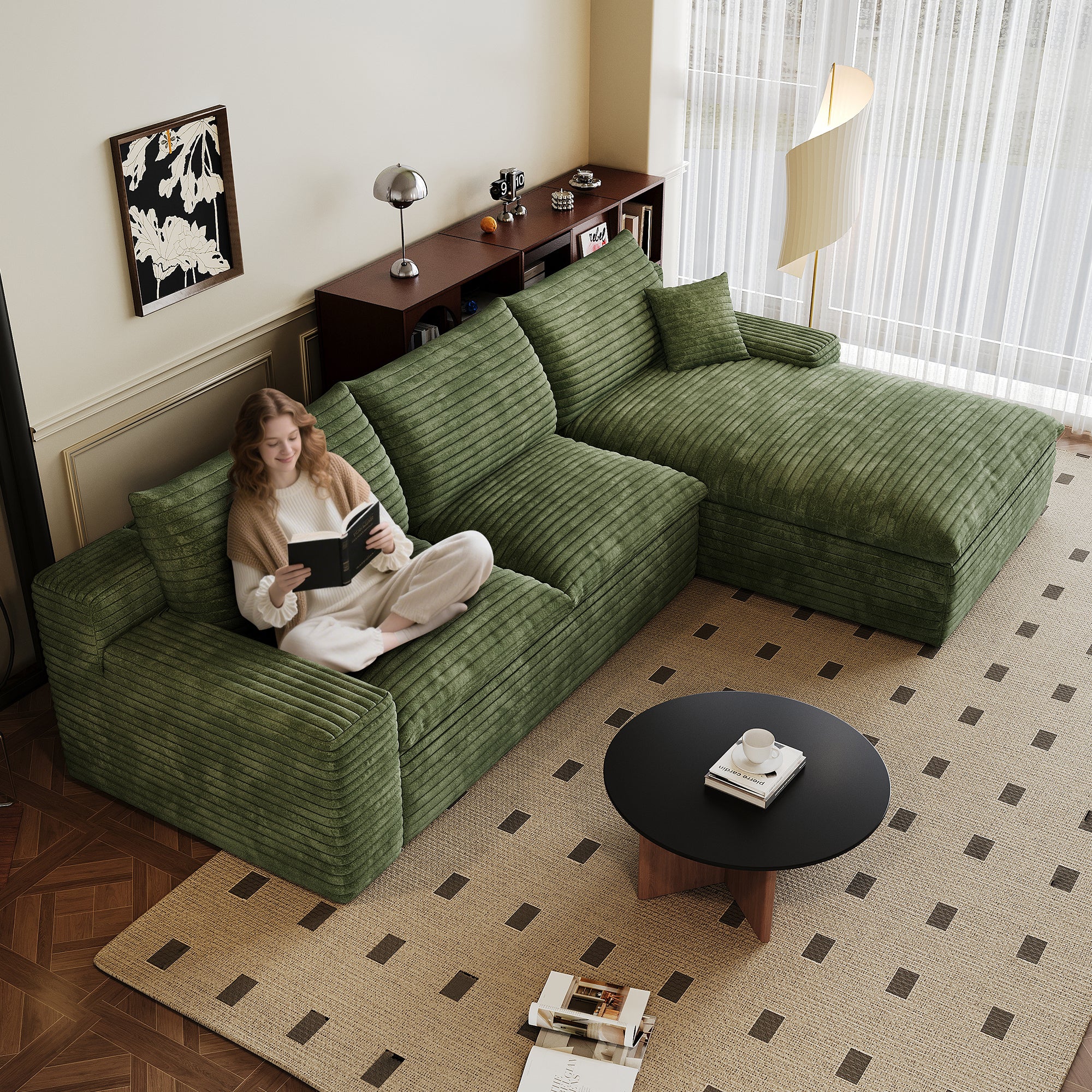 Furinho Modern Green Fabric 3-Seater Modular Sofa with Feather-Filled Cushions - MidinMod