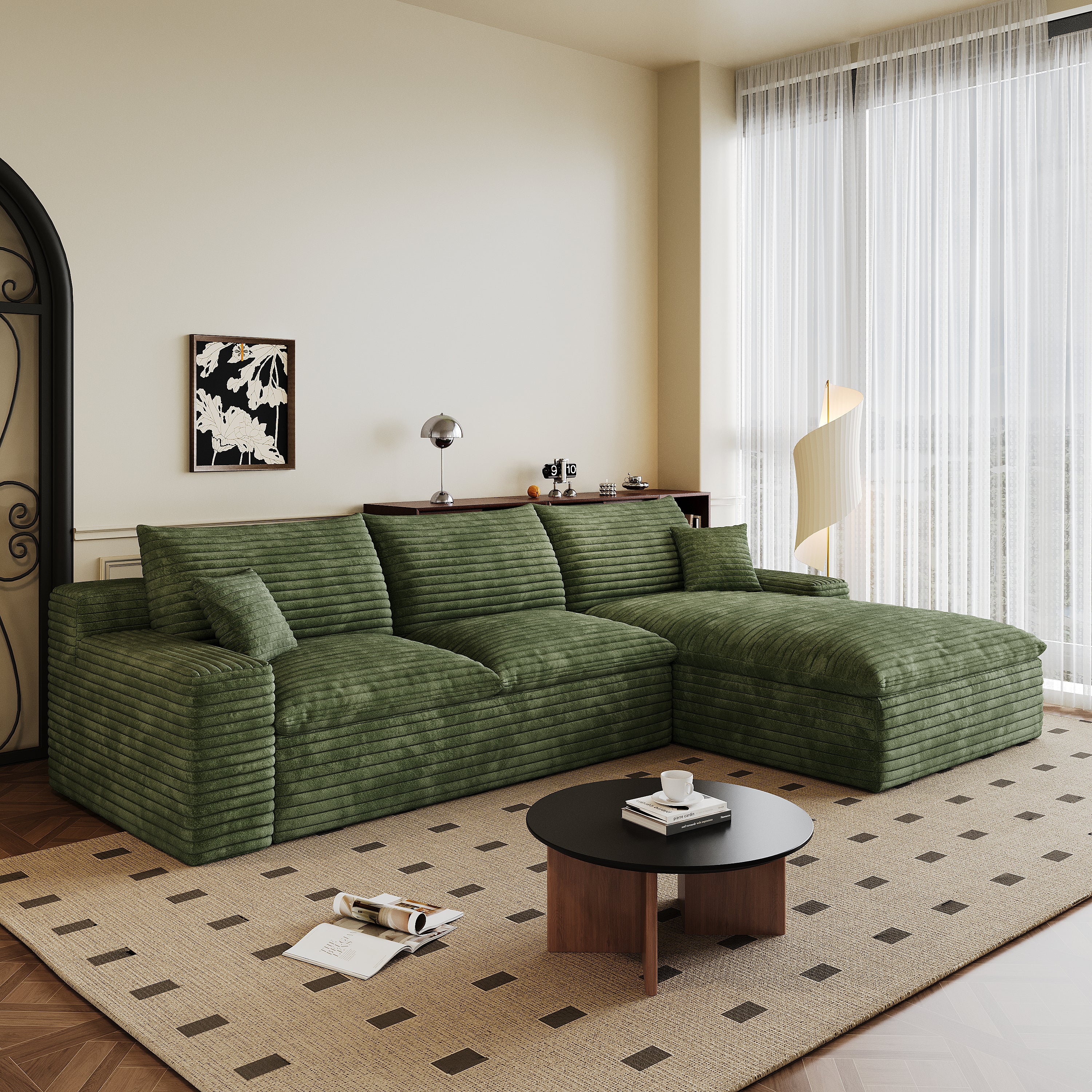 Furinho Modern Green Fabric 3-Seater Modular Sofa with Feather-Filled Cushions - MidinMod