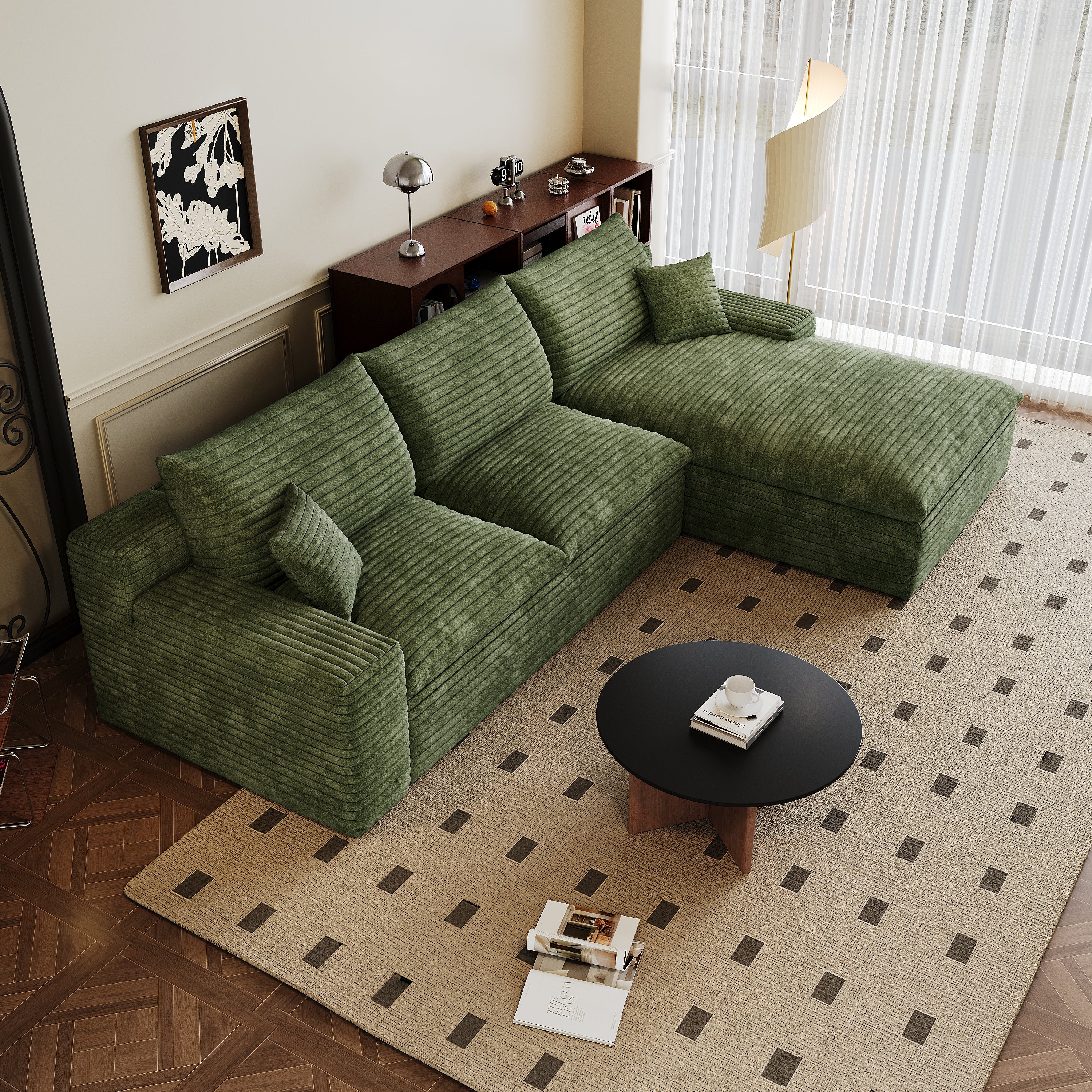 Furinho Modern Green Fabric 3-Seater Modular Sofa with Feather-Filled Cushions - MidinMod