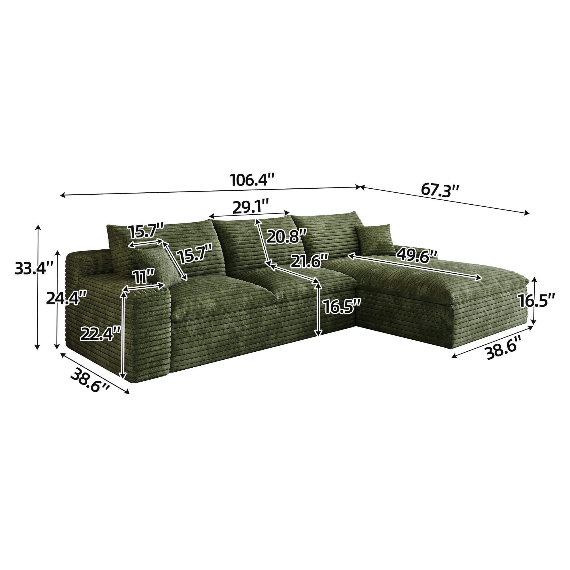 Furinho Modern Green Fabric 3-Seater Modular Sofa with Feather-Filled Cushions - MidinMod