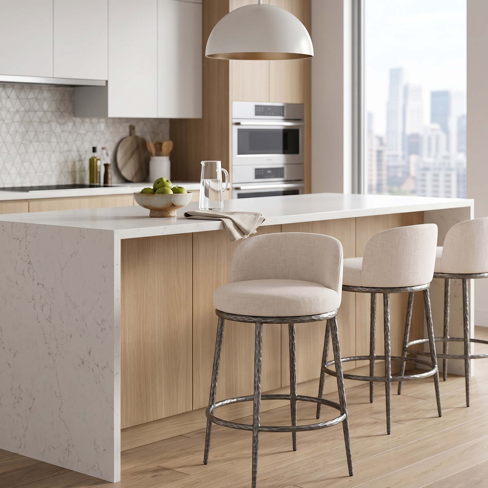 Rilva Contemporary Gunmetal Counter Height Stool with Linen White Fabric