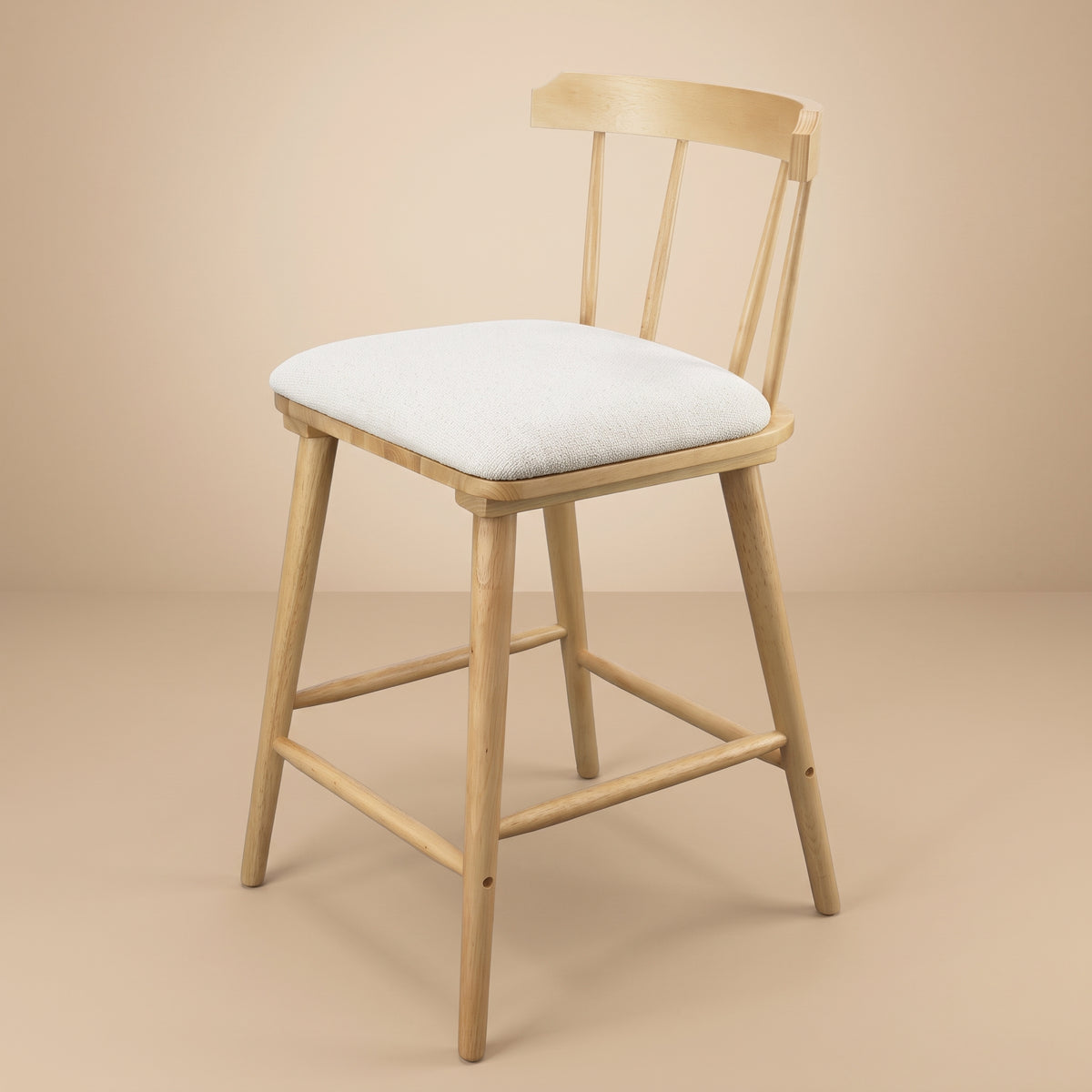 Olivia Indoor Wooden Upholstered Counter Stool, Natural Finish with Beige Upholstery, Windsor Style, Set of 2
