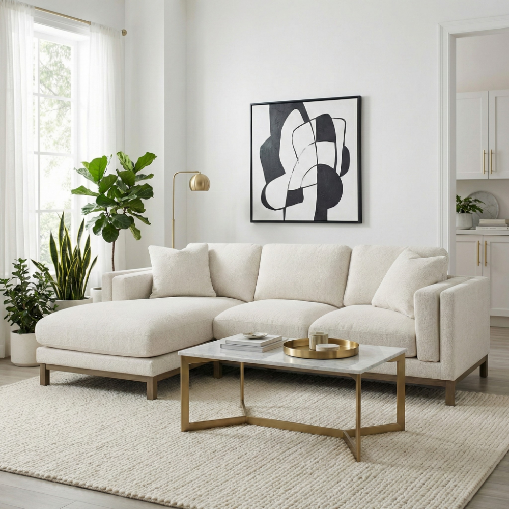 Geneva Sand Boucle Upholstered Sectional Chaise Sofa