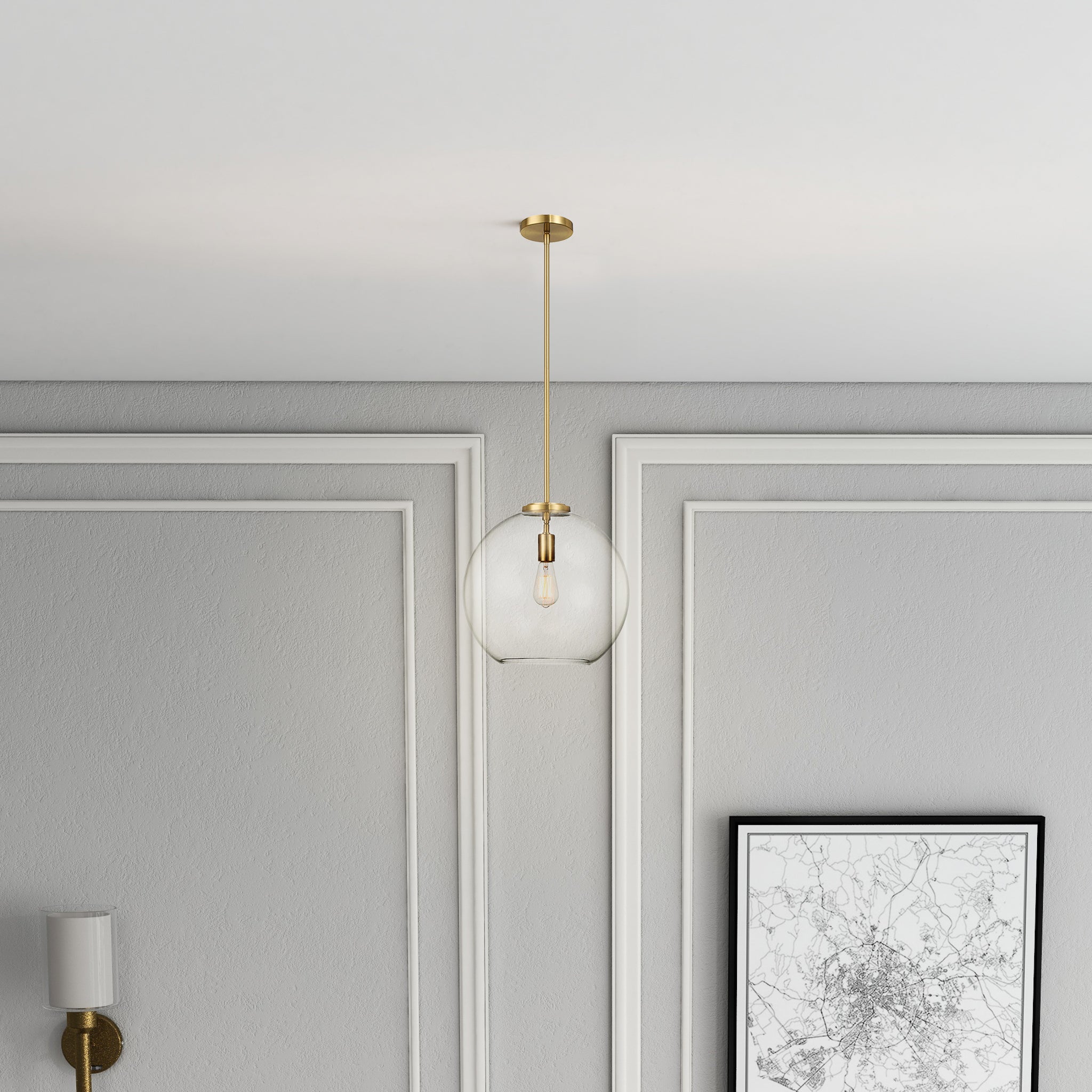 Gleam Single Light Pendant Lamp With Clear Globe Glass - Satin Brass - MidinMod