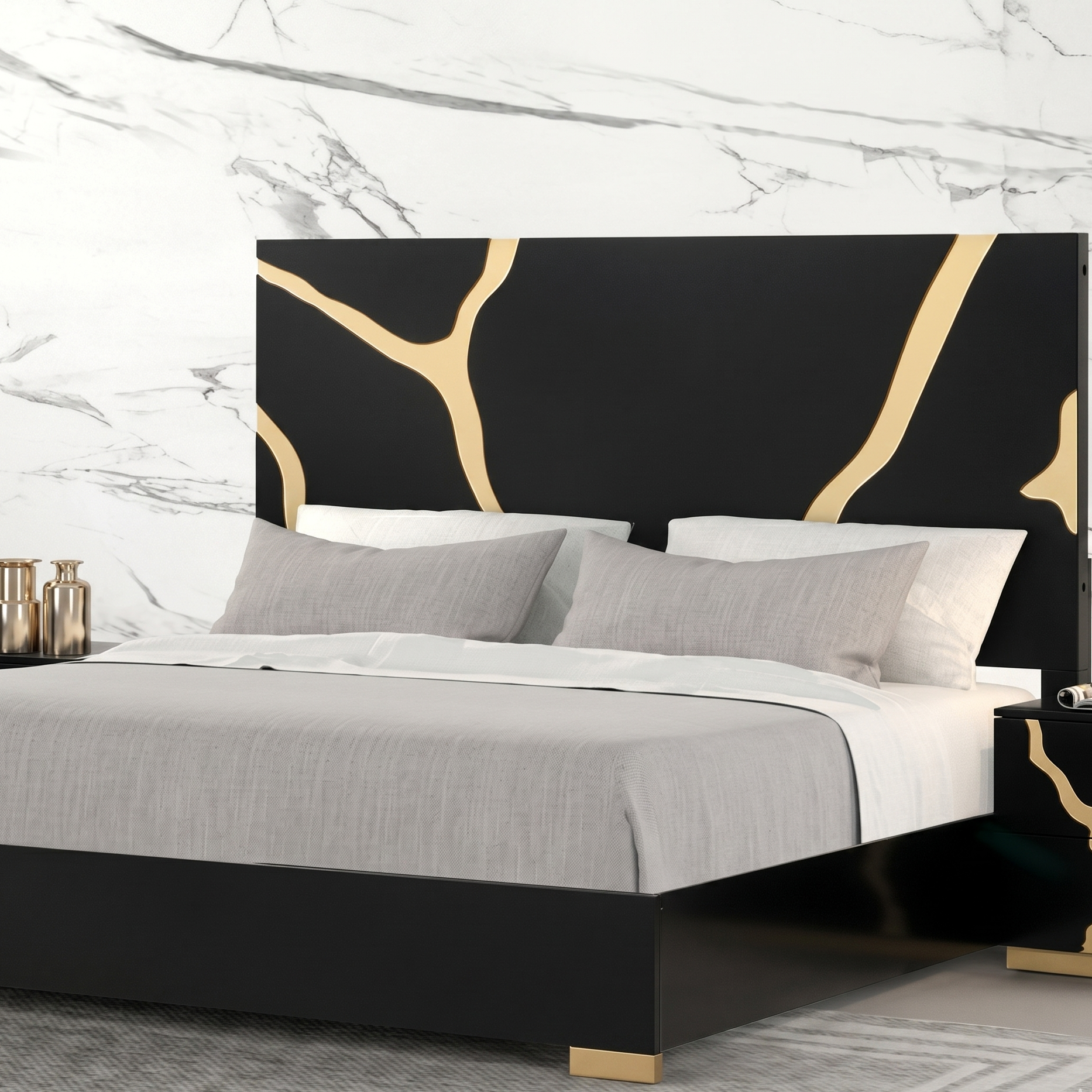 Goldsberg Black & Gold Eastern King Bed | Contemporary Engineered Wood Bed | MidinMod