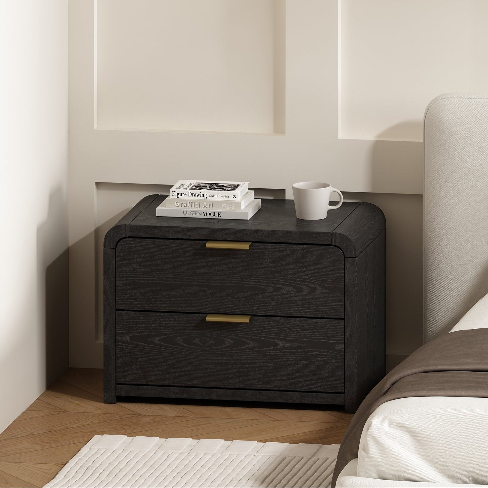 Grace Modern Black and Gold Solid Wood Nightstand | Sleek Bedside Storage | MidinMod
