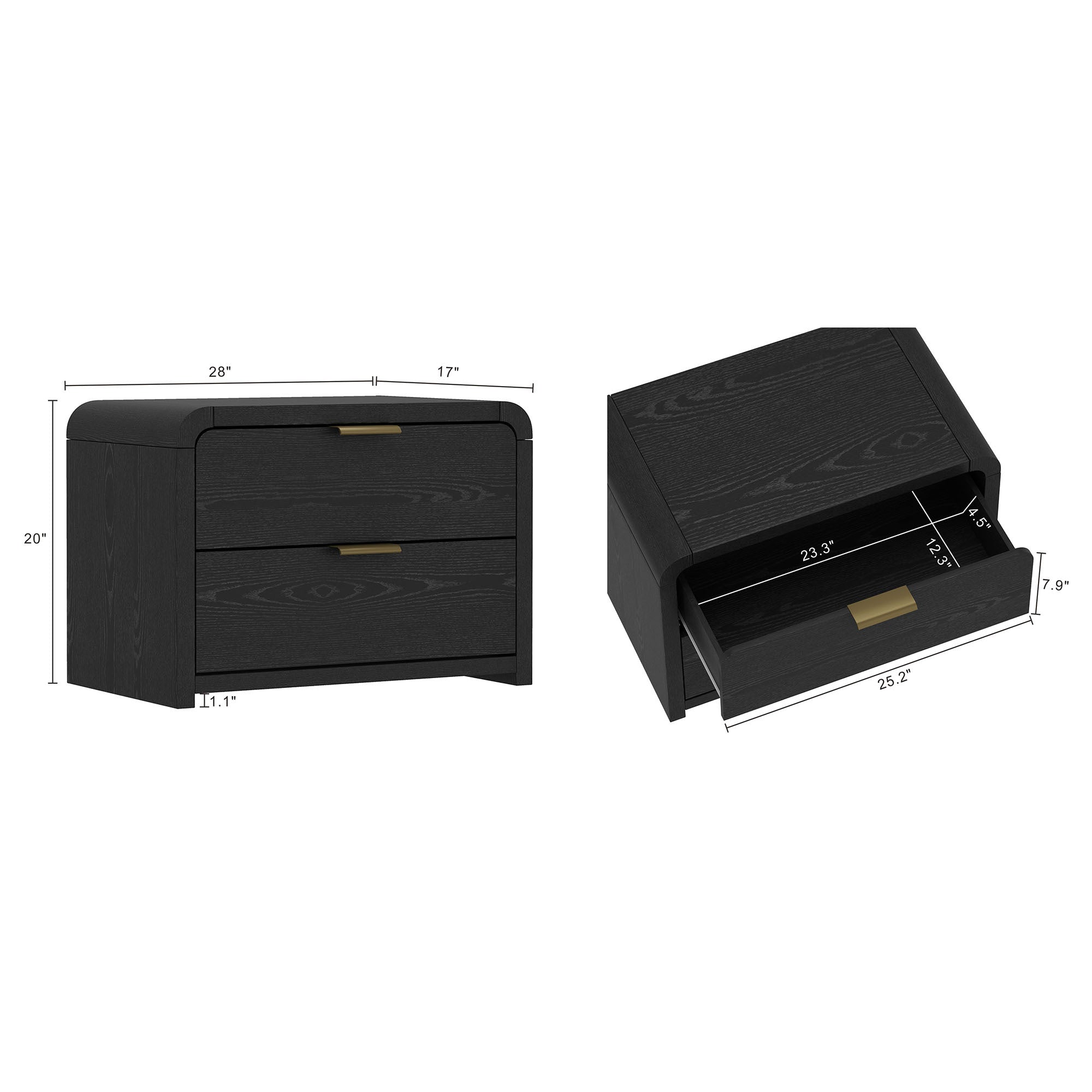 Grace Modern Black and Gold Solid Wood Nightstand | Sleek Bedside Storage | MidinMod