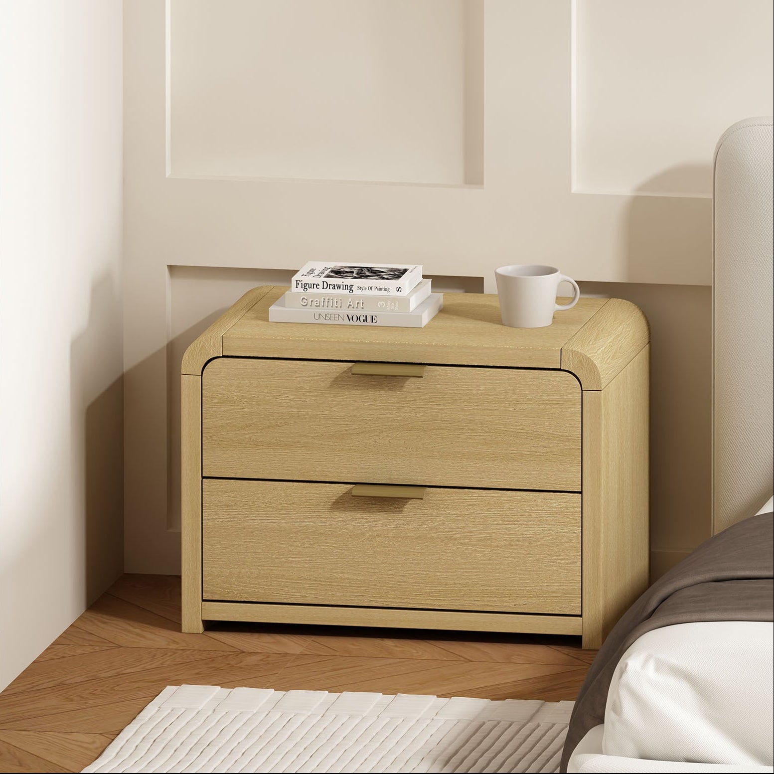 Grace Natural Oak & Gold Nightstand | Modern Solid Wood Bedside Storage | MidinMod