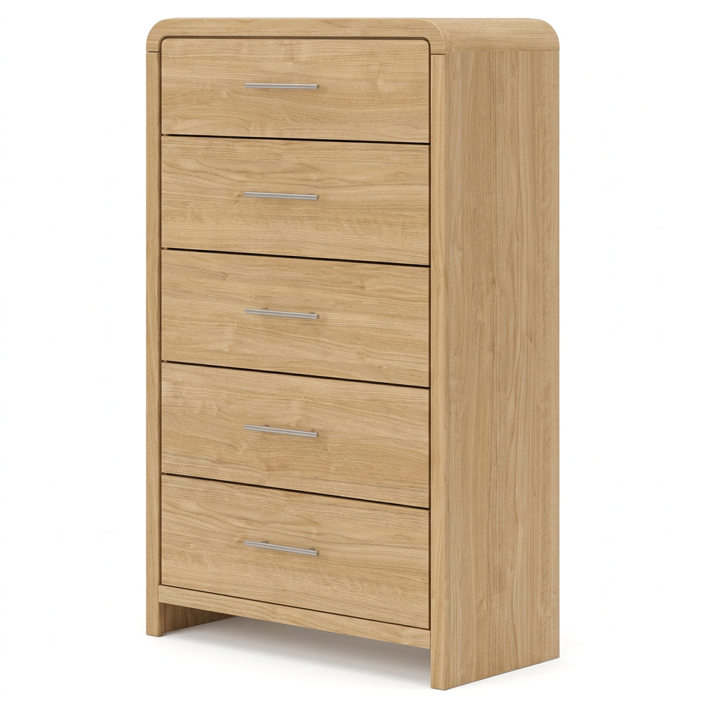 Wooden dresser with four drawers on a white background