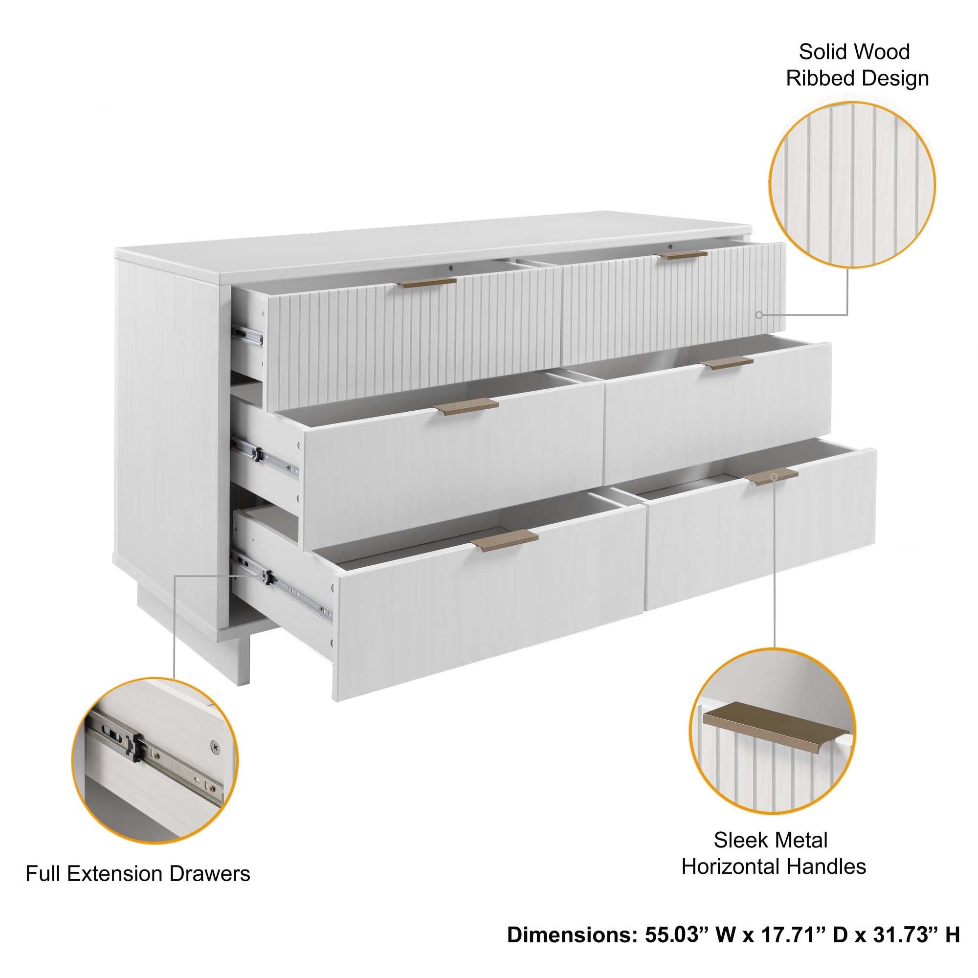 Granville 55.04" Modern White Solid Wood Double Wide Dresser | MidinMod