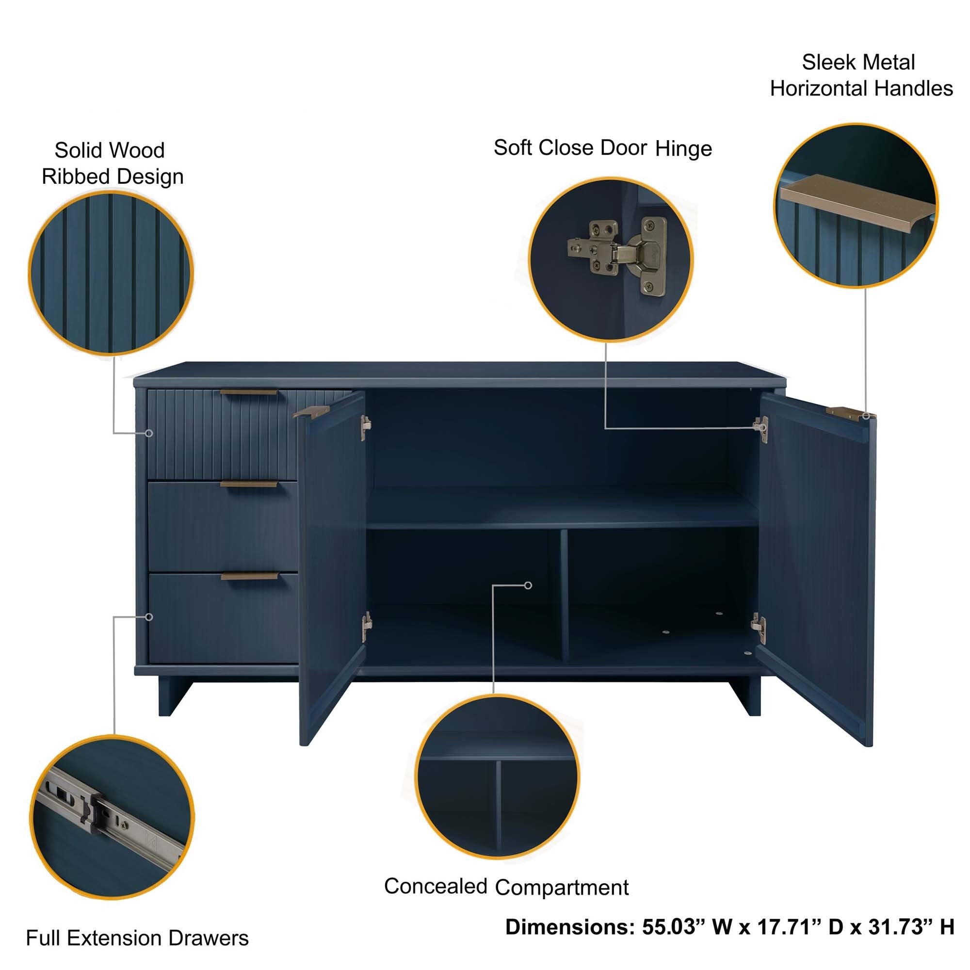 Granville 55.04" Midnight Blue Solid Wood Sideboard | Modern Storage Console | MidinMod
