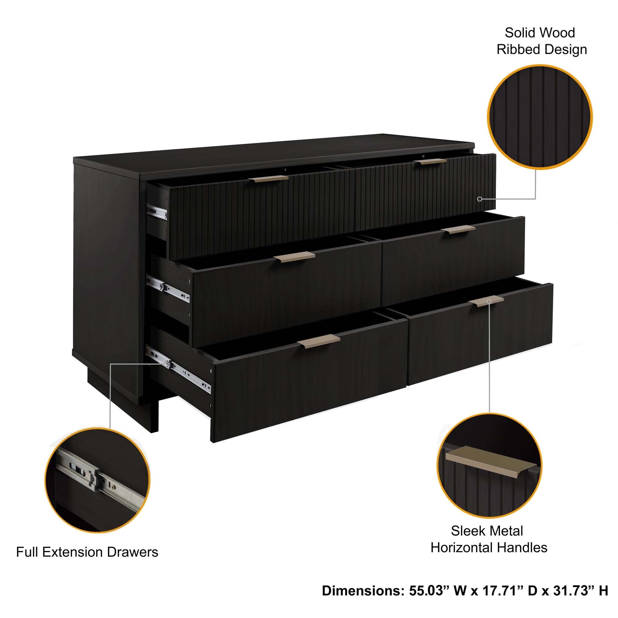 Granville 55" Double Wide Dresser in Black | Modern Solid Wood Chest of Drawers | MidinMod