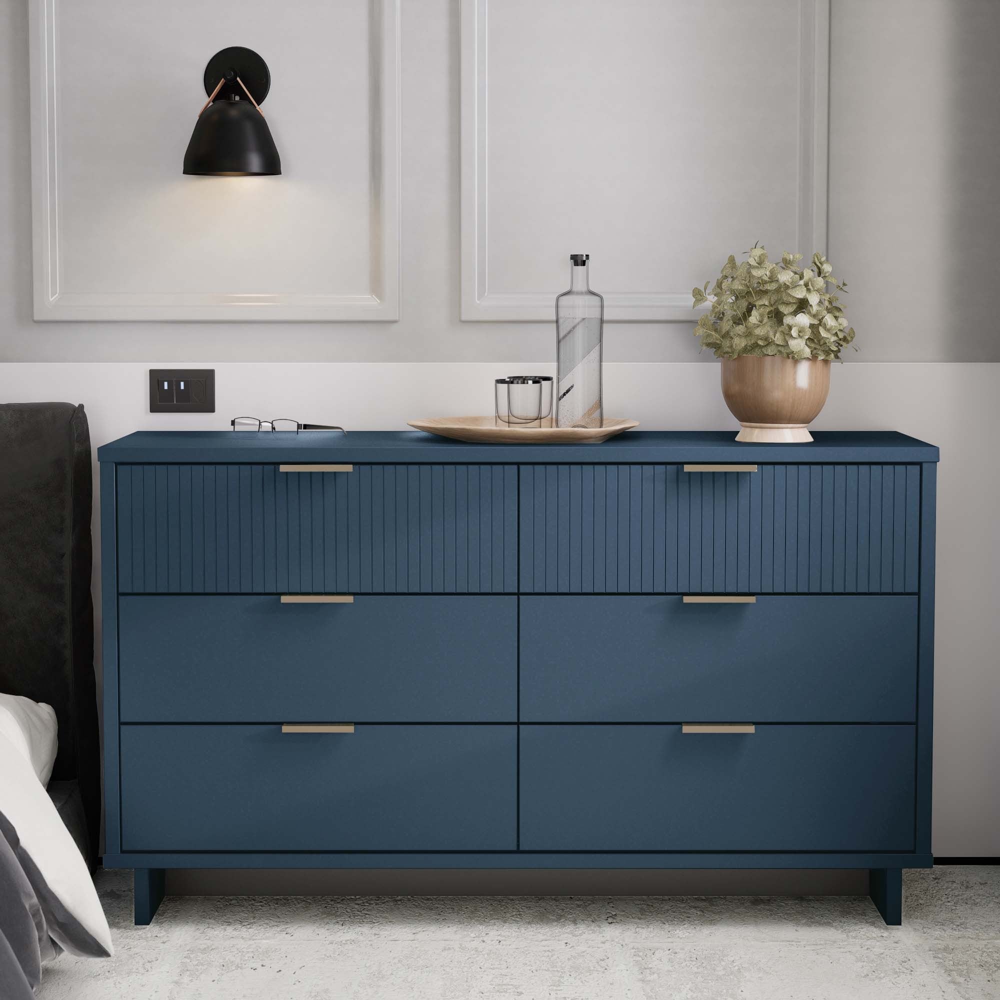 Granville 55" Double Wide 6 Drawer Dresser in Midnight Blue | Modern Solid Wood Chest of Drawers | MidinMod