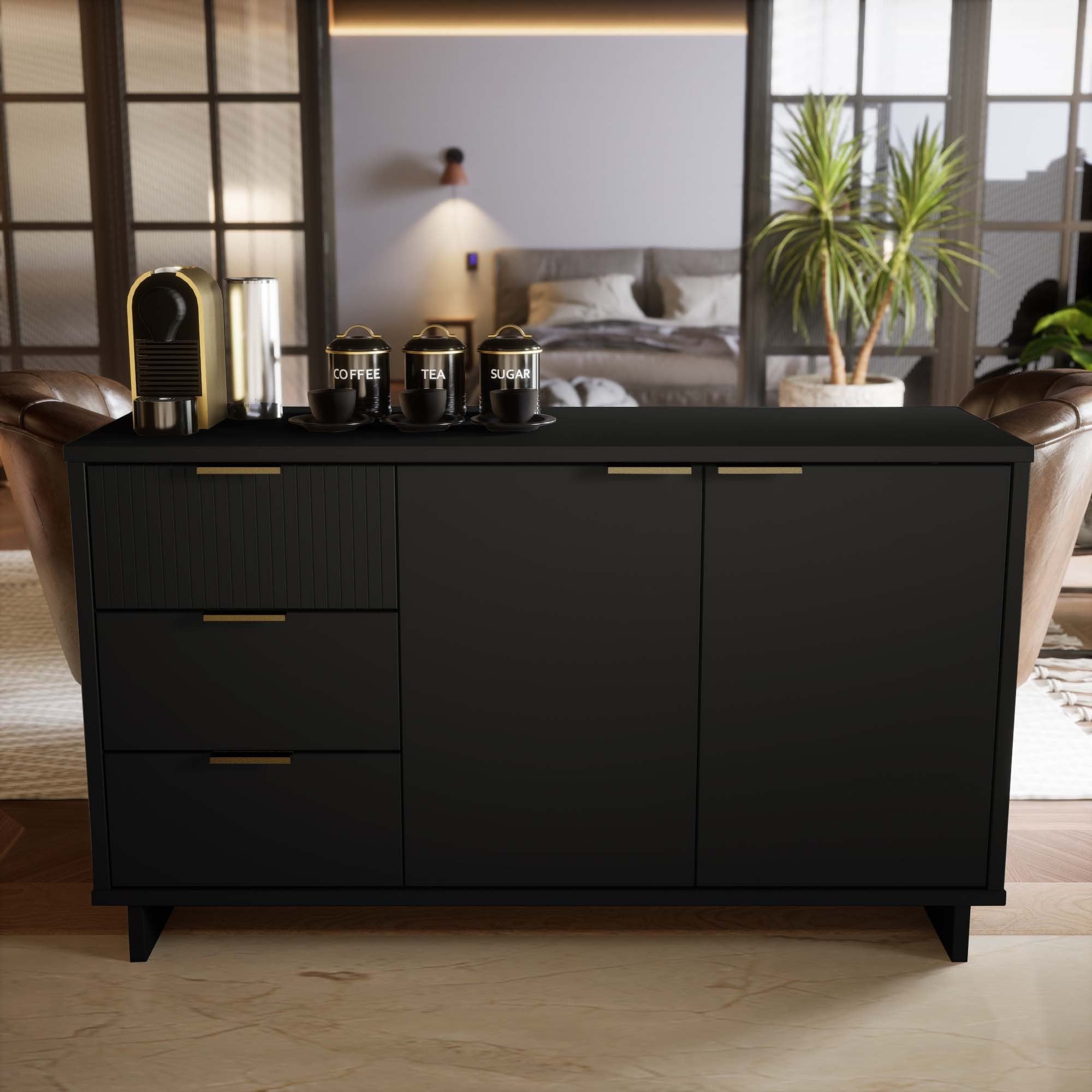 Granville 55" Black Sideboard | Modern Solid Wood Buffet & Storage Cabinet | MidinMod