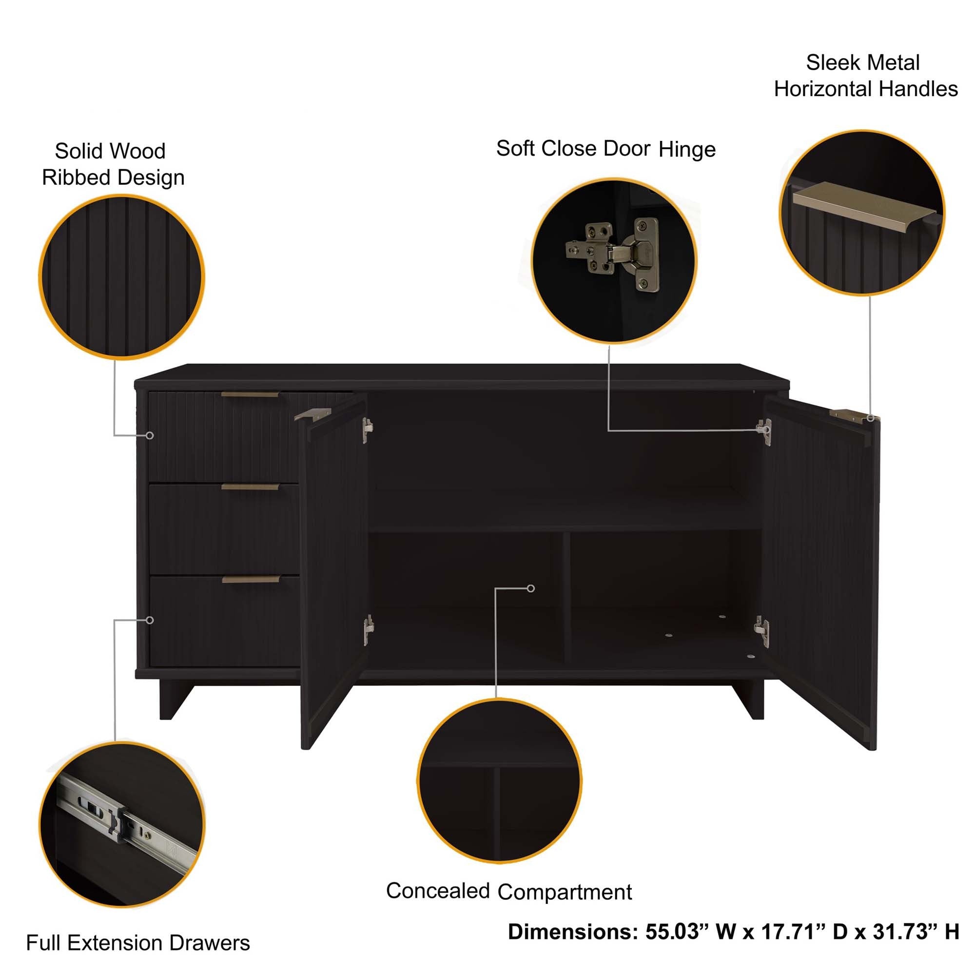 Granville 55" Black Sideboard | Modern Solid Wood Buffet & Storage Cabinet | MidinMod