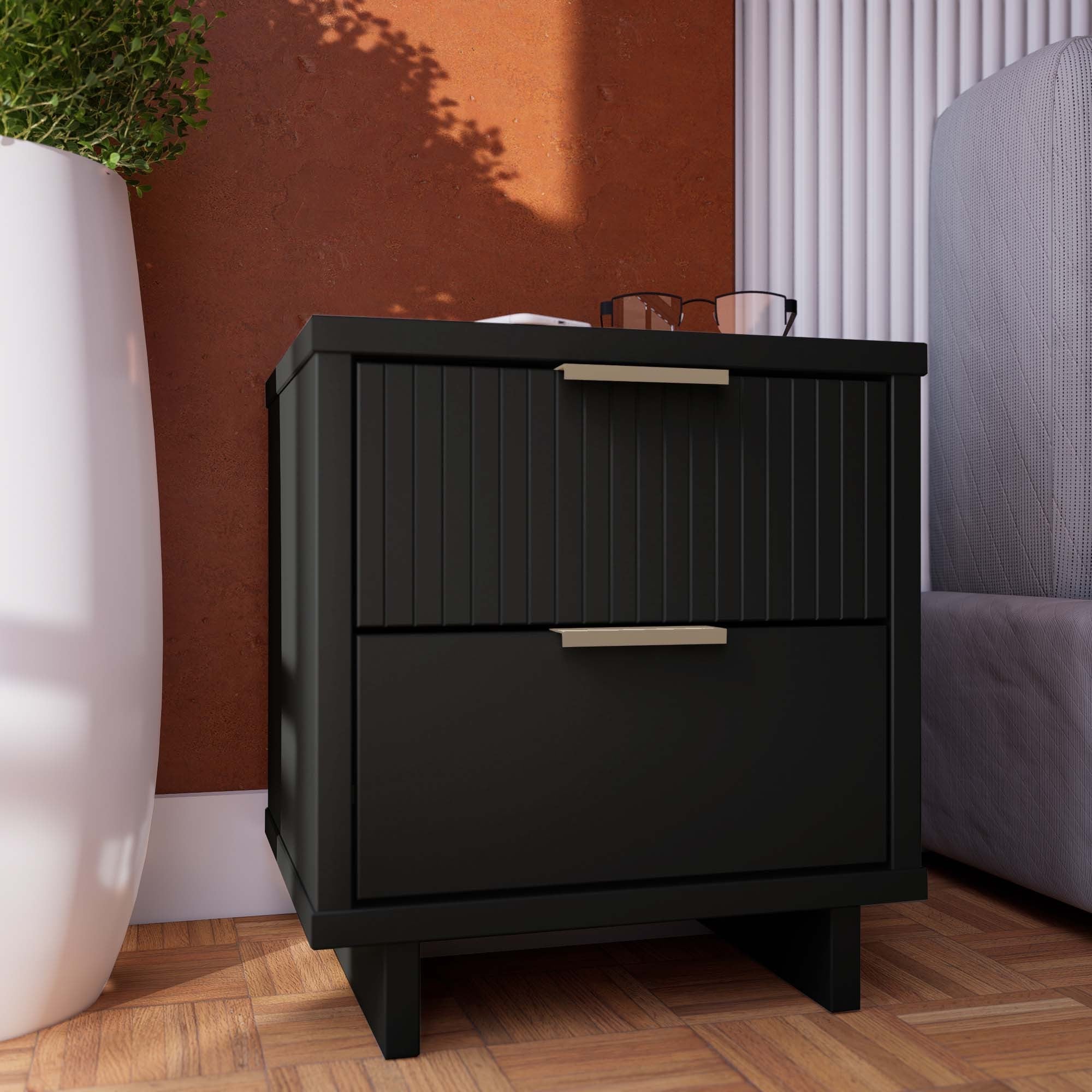 Granville Modern Black Solid Wood 2-Drawer Nightstand | MidinMod