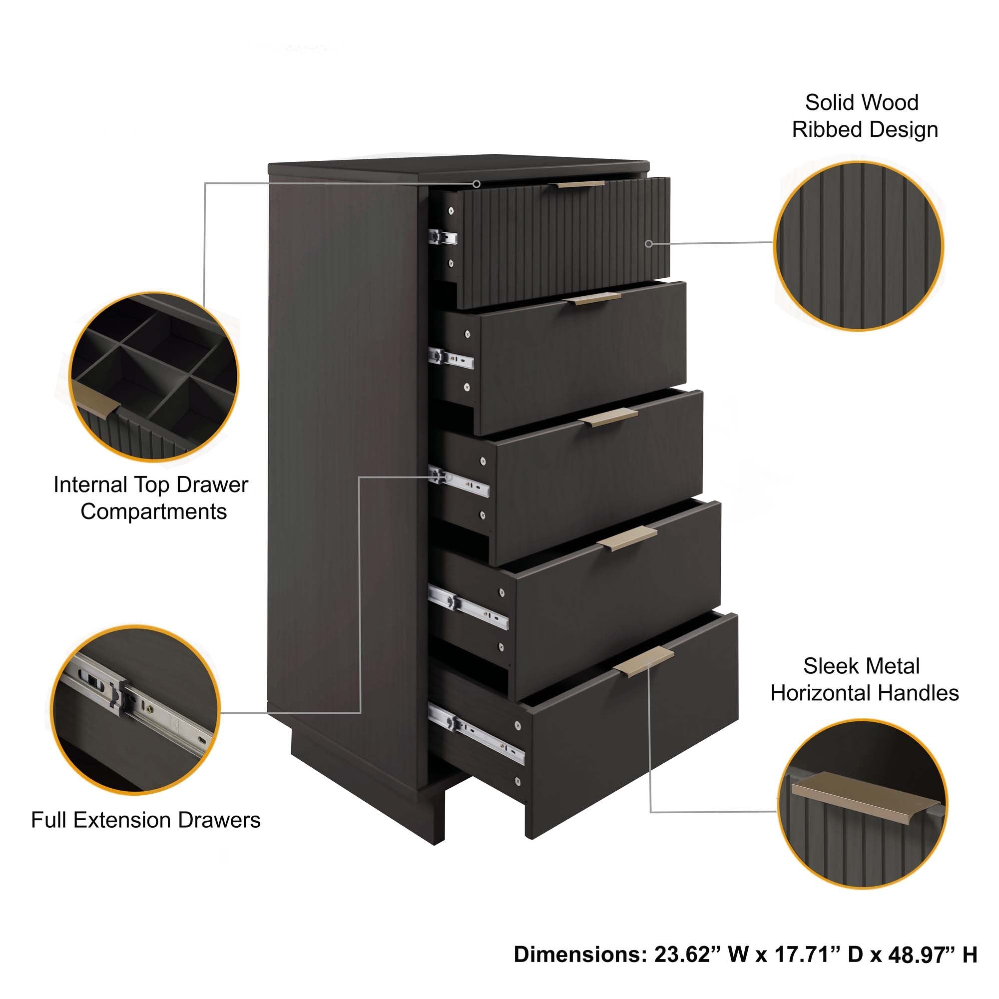 Granville Tall Narrow Dresser in Charcoal Gray | Modern Solid Wood Chest | MidinMod