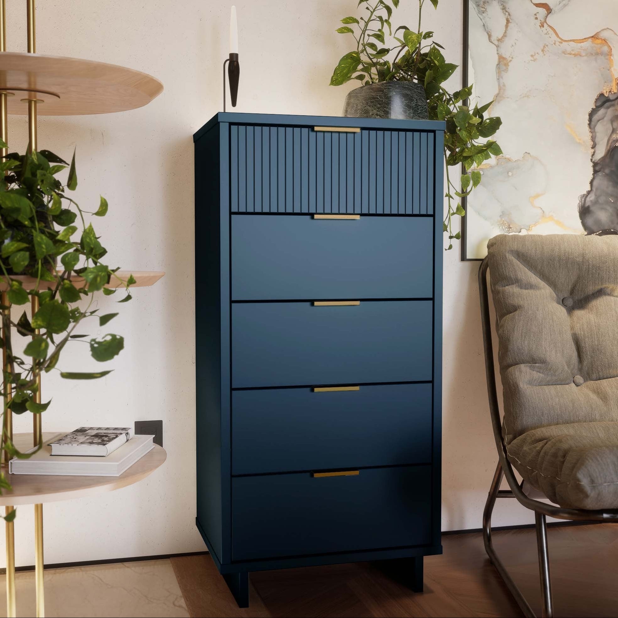 Granville Tall Narrow Midnight Blue Dresser | Modern Solid Wood Chest of Drawers | MidinMod