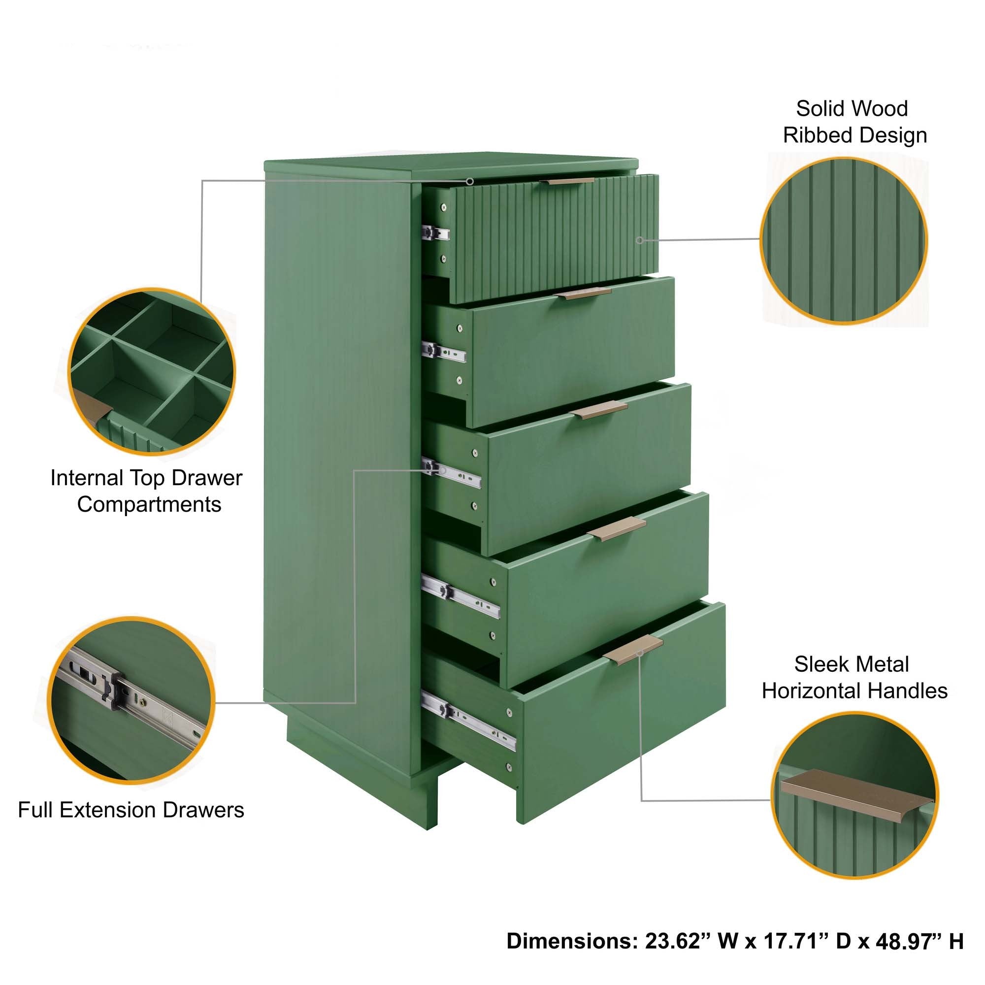 Granville Tall Narrow Dresser in Sage Green | Modern Solid Wood Chest of Drawers | MidinMod