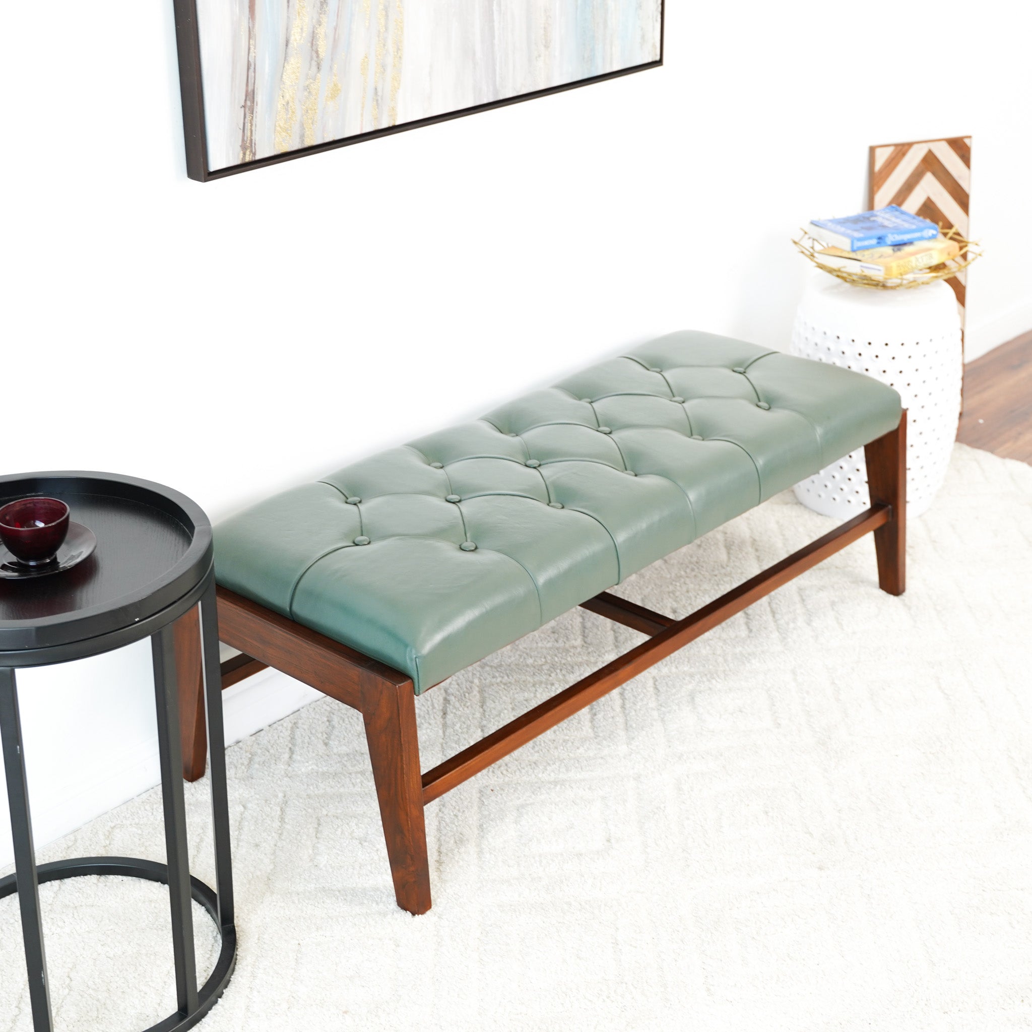 Hammond Green Leather Bench with Buttons - MidinMod