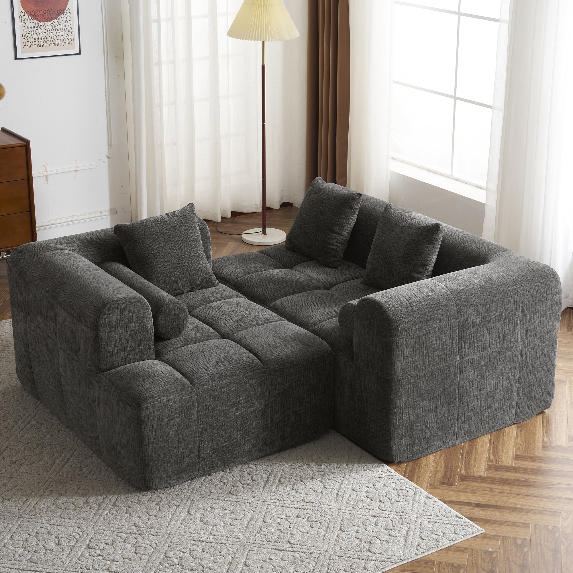 Haworth Grey Chenille 3-Seat Modular Tufted Sectional Sofa with Rolled Arms - MidinMod