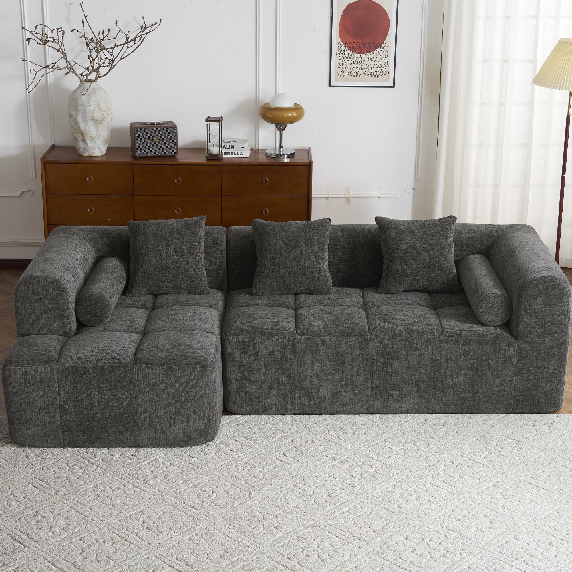 Haworth Grey Chenille 3-Seat Modular Tufted Sectional Sofa with Rolled Arms - MidinMod