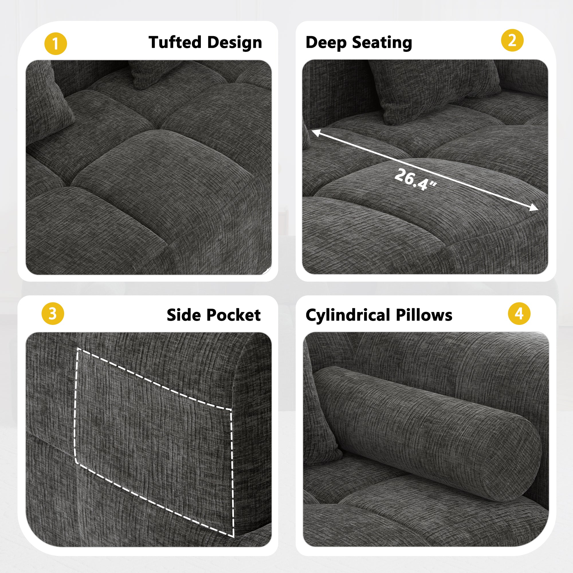 Haworth Grey Chenille 3-Seat Modular Tufted Sectional Sofa with Rolled Arms - MidinMod