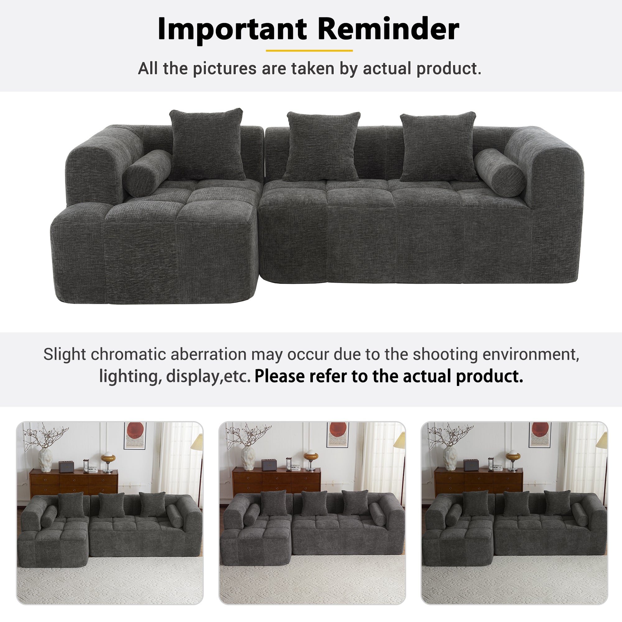 Haworth Grey Chenille 3-Seat Modular Tufted Sectional Sofa with Rolled Arms - MidinMod