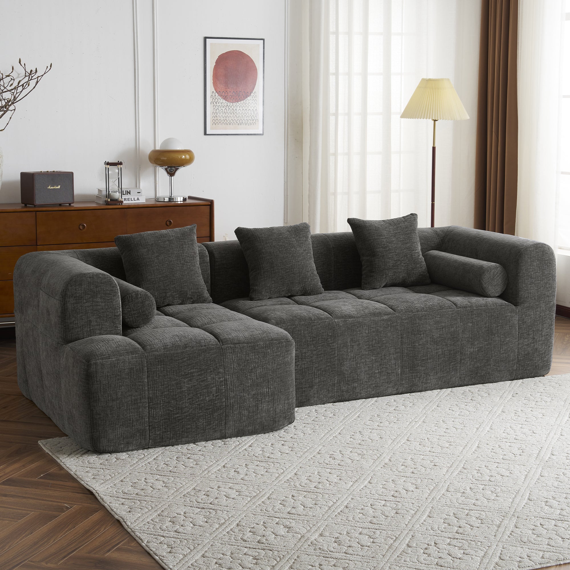 Haworth Grey Chenille 3-Seat Modular Tufted Sectional Sofa with Rolled Arms - MidinMod