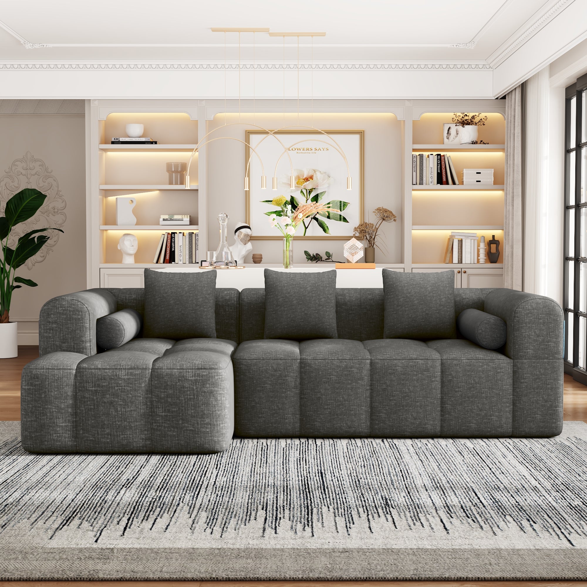 Haworth Grey Chenille 3-Seat Modular Tufted Sectional Sofa with Rolled Arms - MidinMod